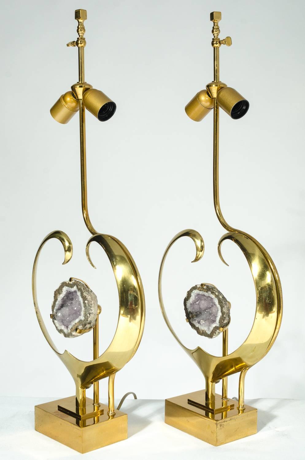 Belgian Pair of Lamps in Brass and Amethyst by Willy Daro 