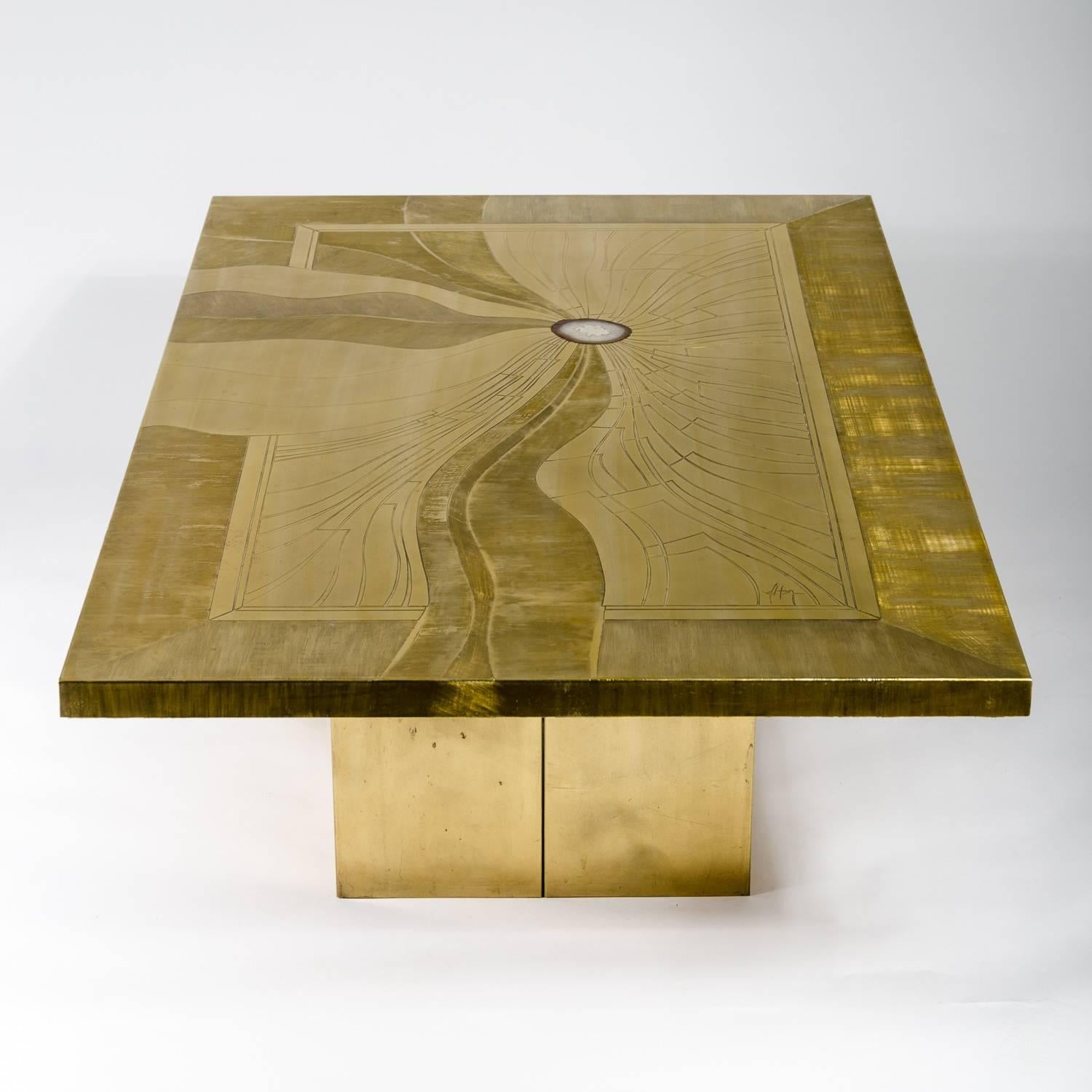 Belgian Etched Brass Coffee Table Inlay Agate by Jonasz, circa 1970