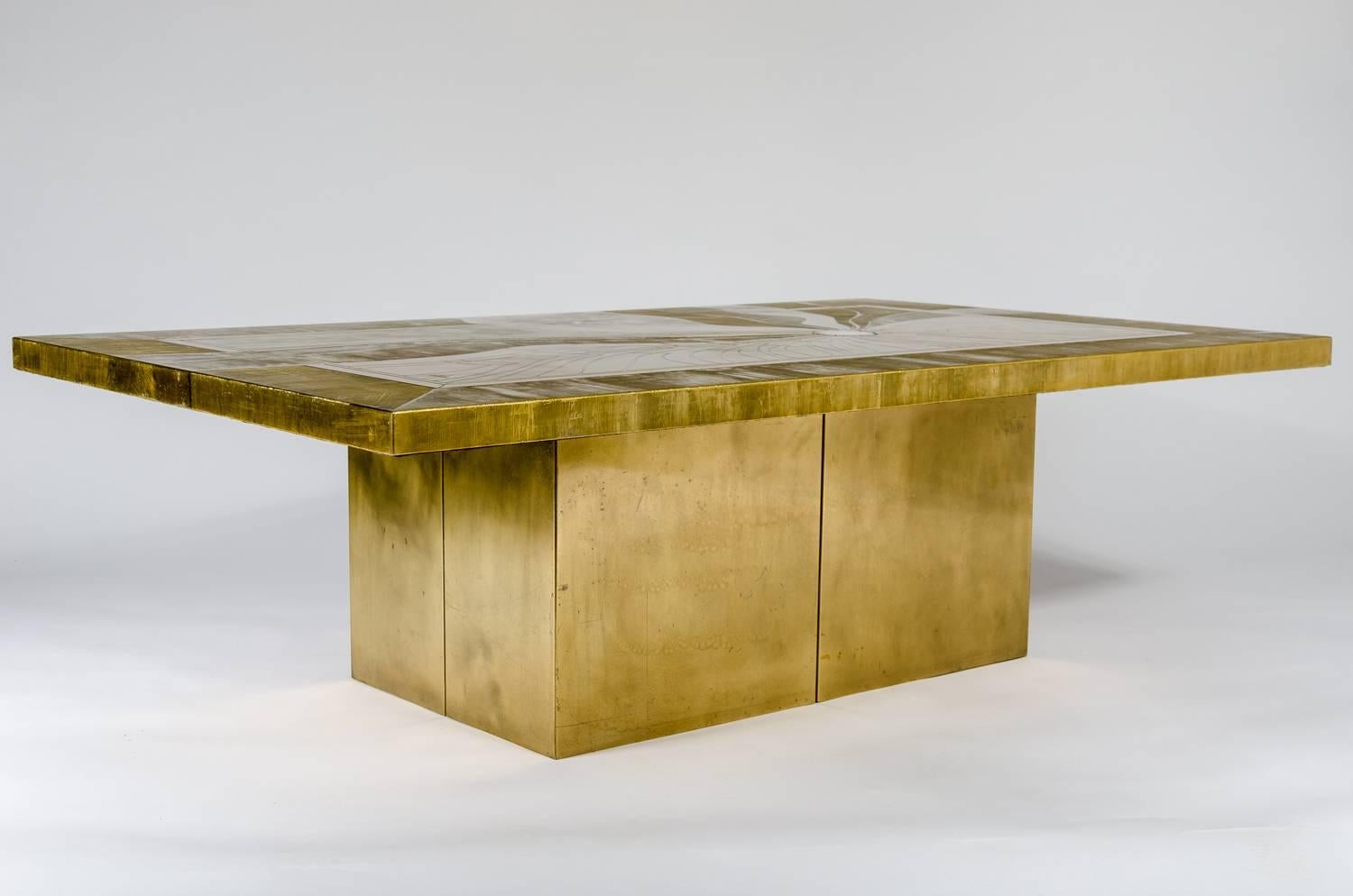 Etched Brass Coffee Table Inlay Agate by Jonasz, circa 1970 In Excellent Condition In Brussels, BE