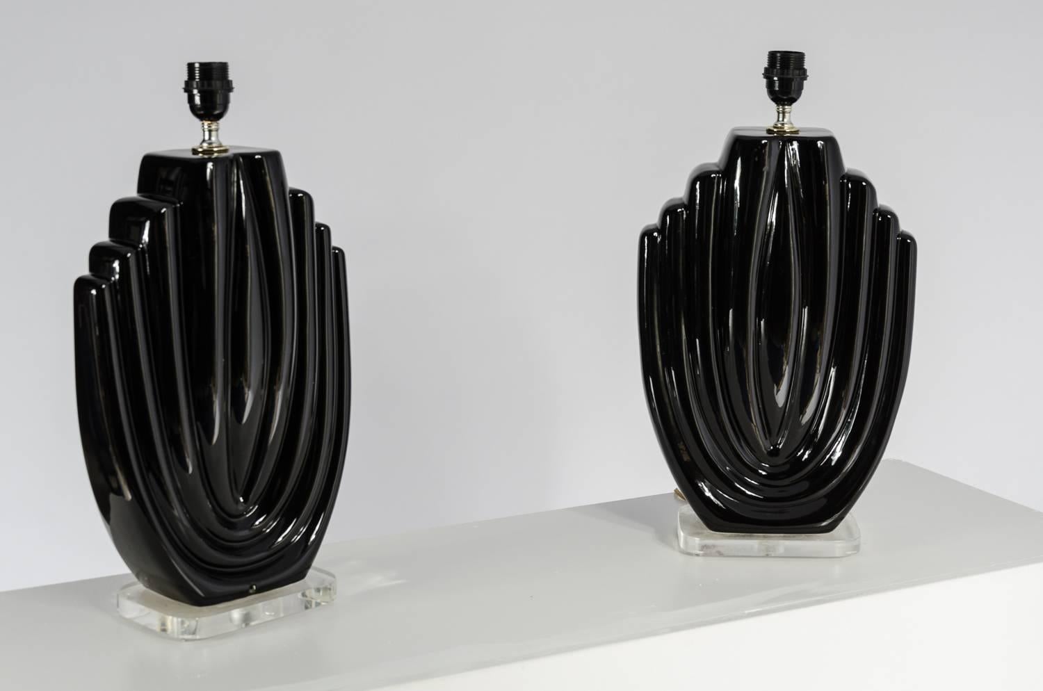 Pair of ceramics and Lucite lamps, circa 1980s, dimensions are without the shades.