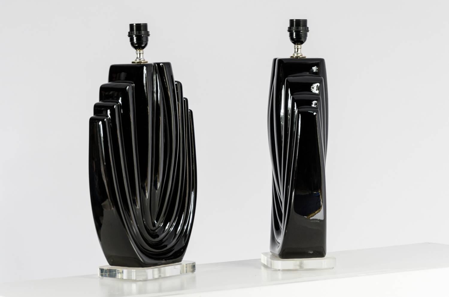 American Pair of Ceramics and Lucite Lamps, circa 1980s For Sale