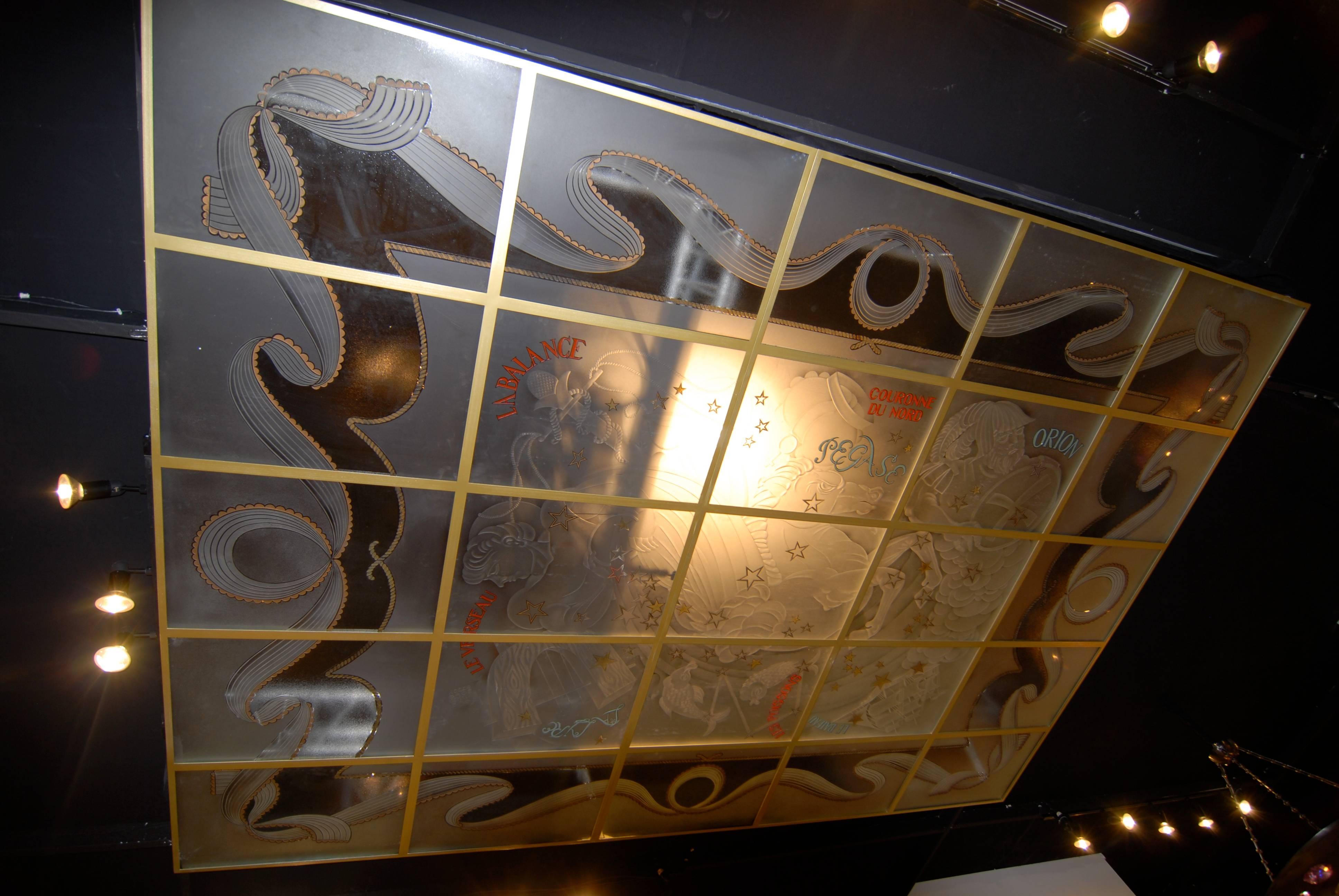 Very rare and extraordinary skylights, made of 25 engraved glass tile. Subject constellation an Greek Gods. One of a kind, signed by the artist 