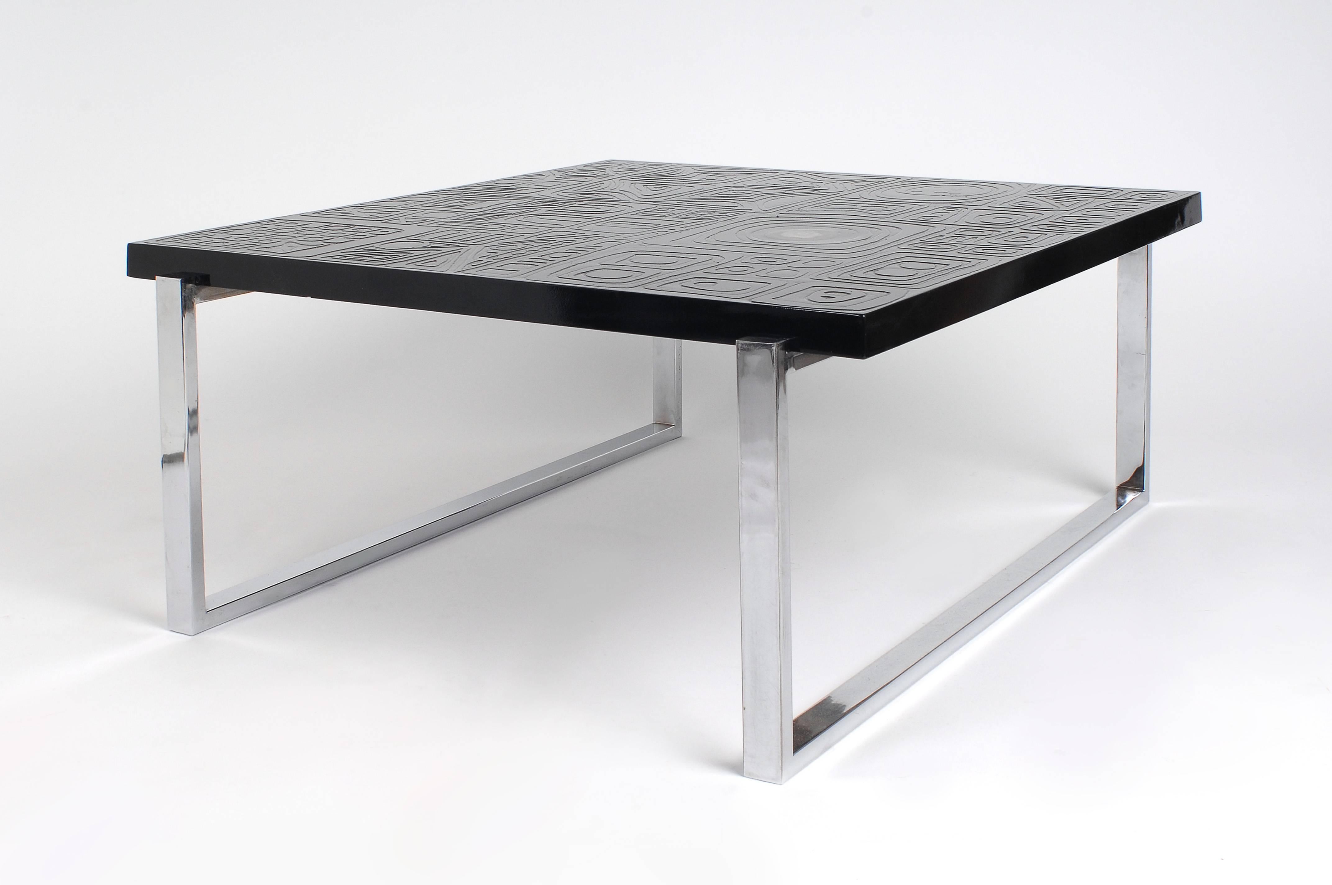 Square coffee table in black resin inlay Agate, feed in steel, in perfect condition, Belgium, 1980.