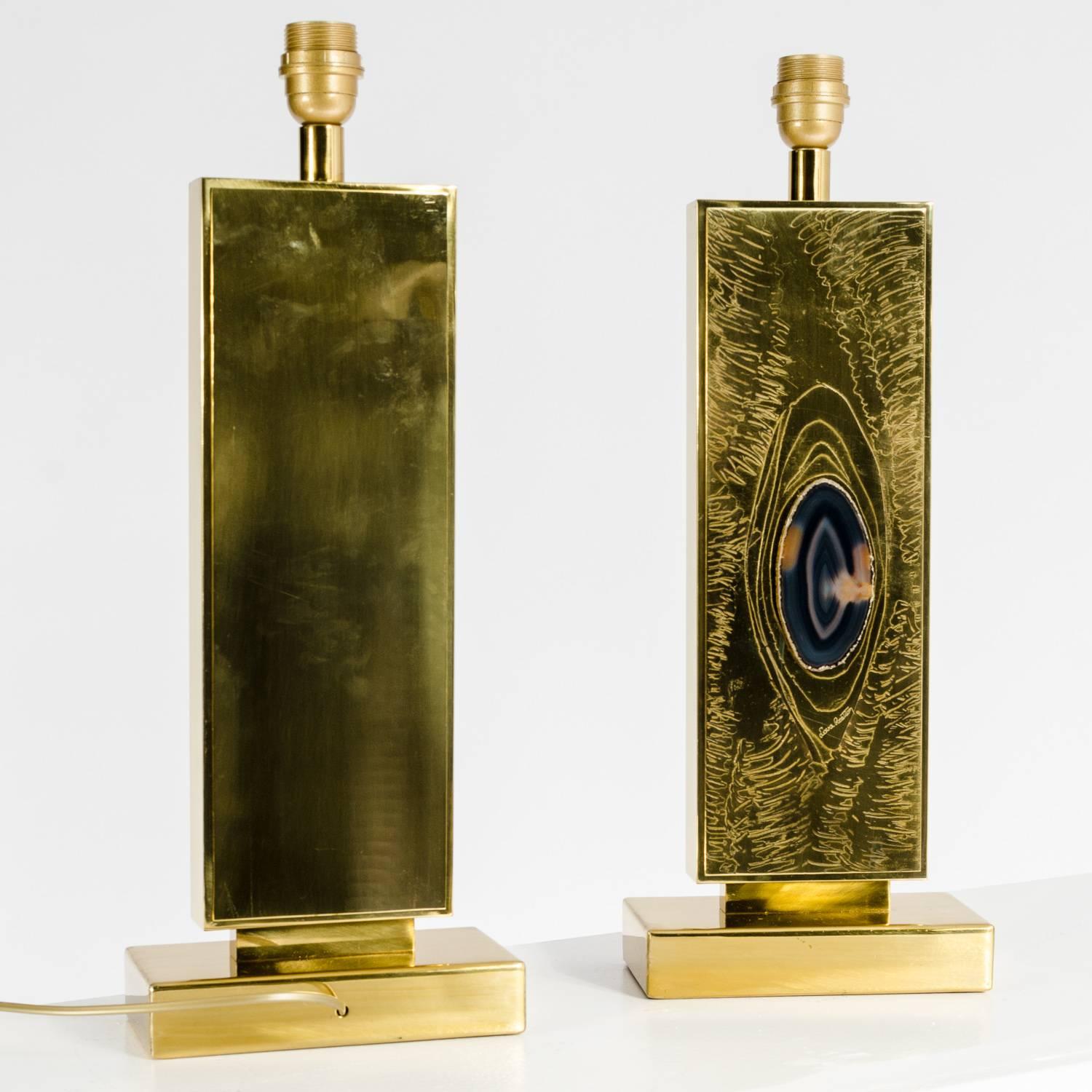 Belgian Pair of Etched Brass Inlaid Agate Table Lamps by Lova Creation
