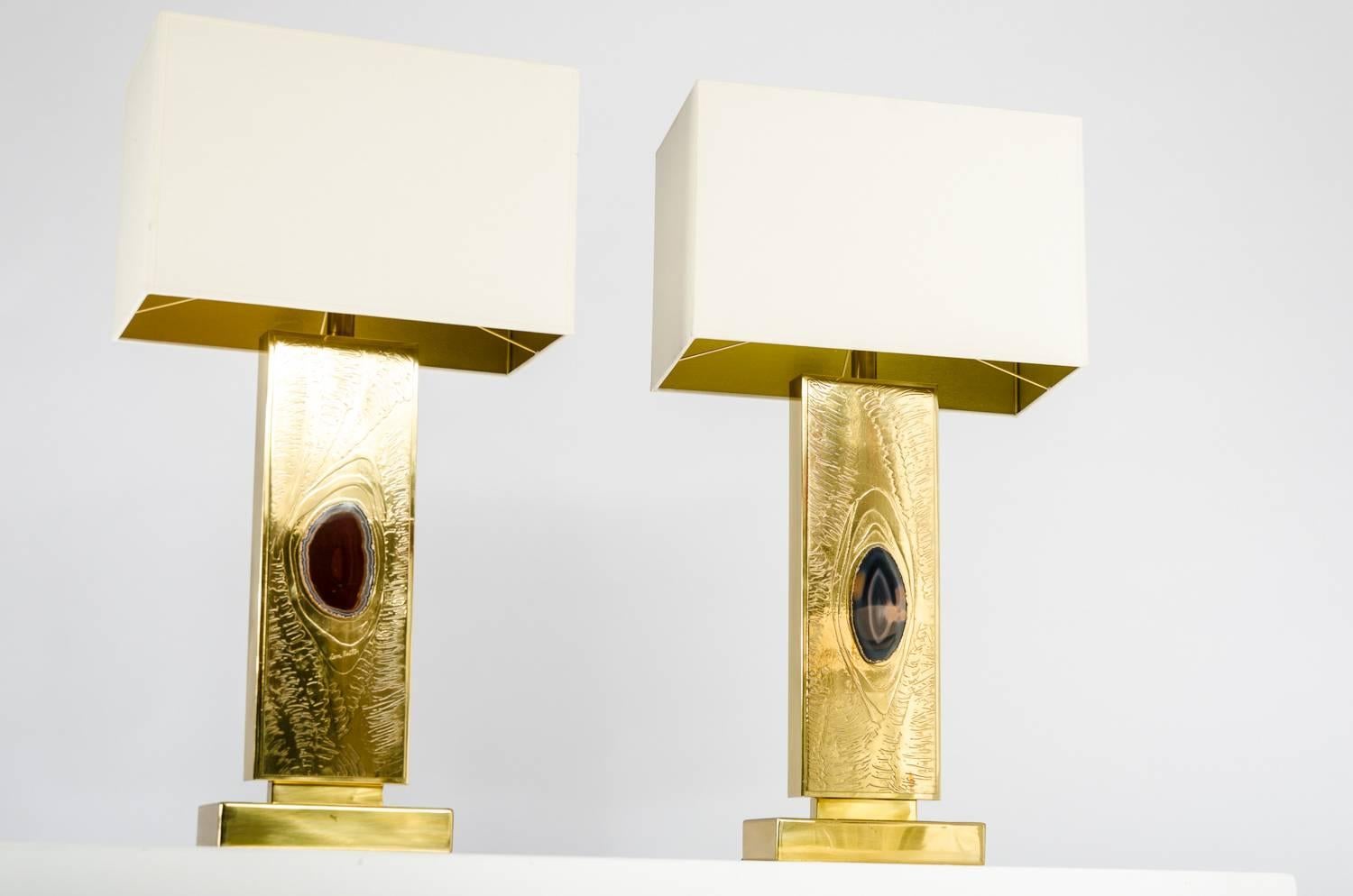 Pair of Etched Brass Inlaid Agate Table Lamps by Lova Creation In Excellent Condition In Brussels, BE