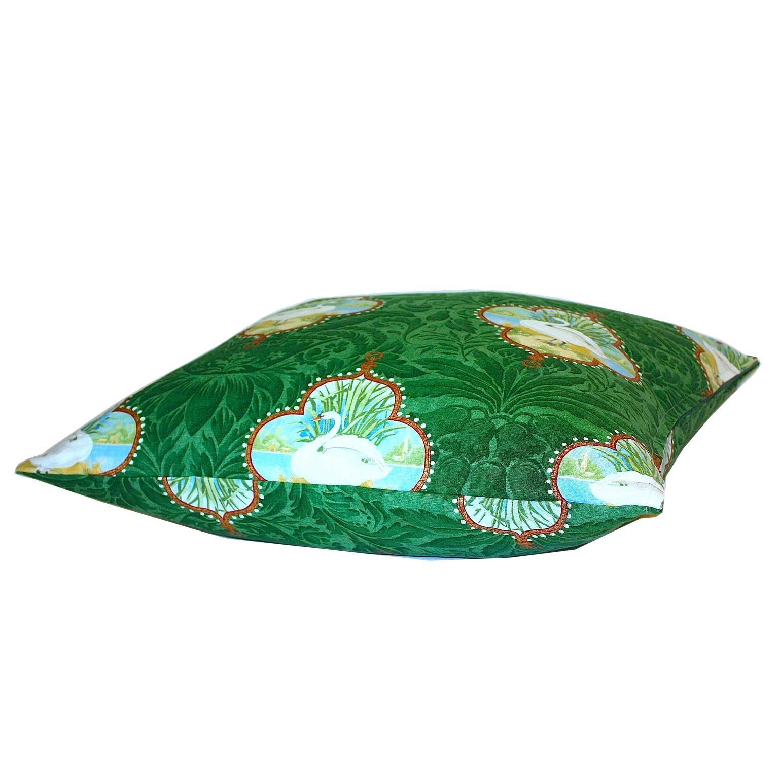 British 'Swan Queen' Vintage Fabric Green Handprinted Linen Large Floor Cushion 
