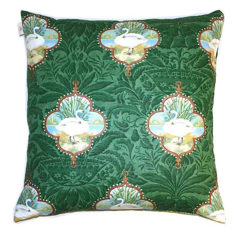 Swan Queen Vintage Fabric Green Handprinted Linen Large Floor Cushion at 1stdibs