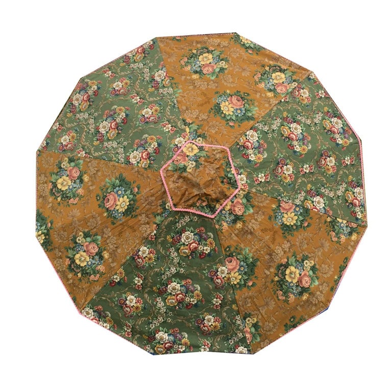 Antique Textile Sun Umbrella Garden Parasol Vintage Fabric Floral Green Yellow For Sale at 1stDibs