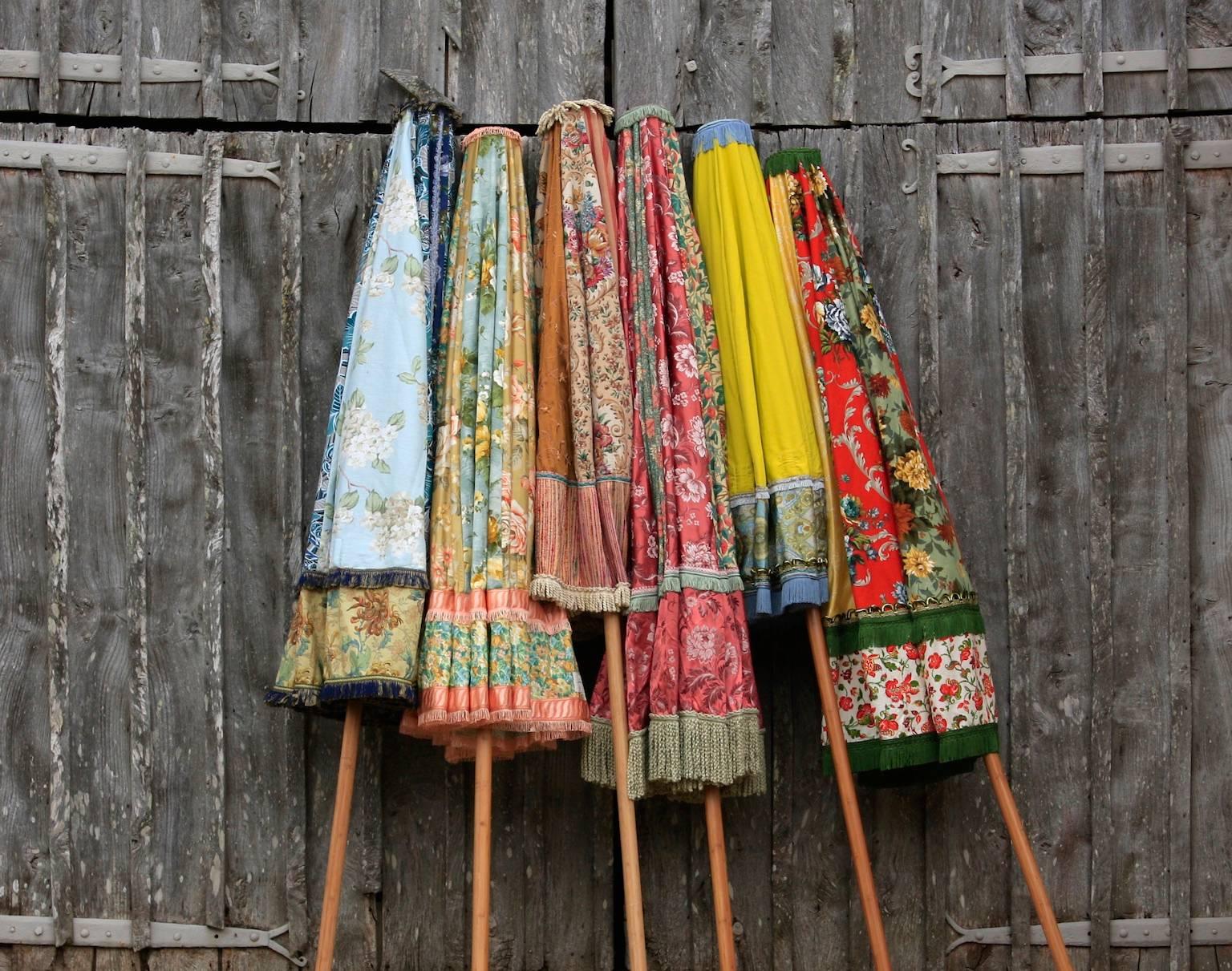 Great Britain (UK) Antique Textile Sun Umbrella Garden Parasol Vintage Fabric Floral Green Yellow For Sale