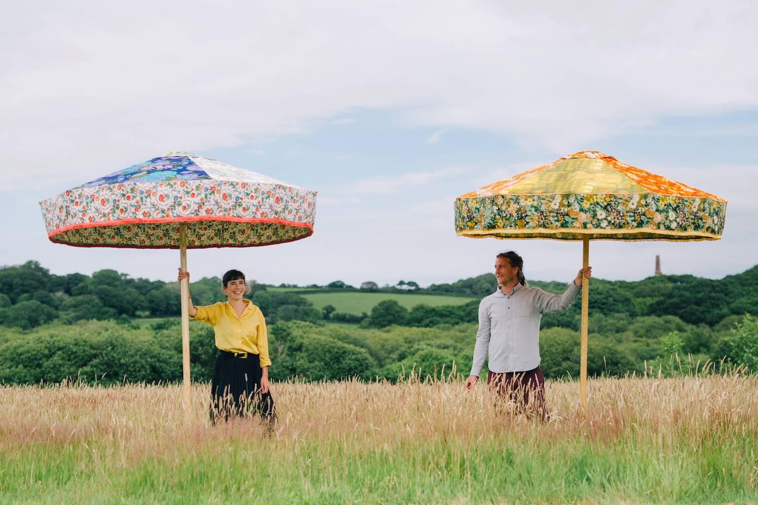 Contemporary Regal Vintage Fabric Red Floral Sun Umbrella Patio Parasol 1-Off Designer Piece