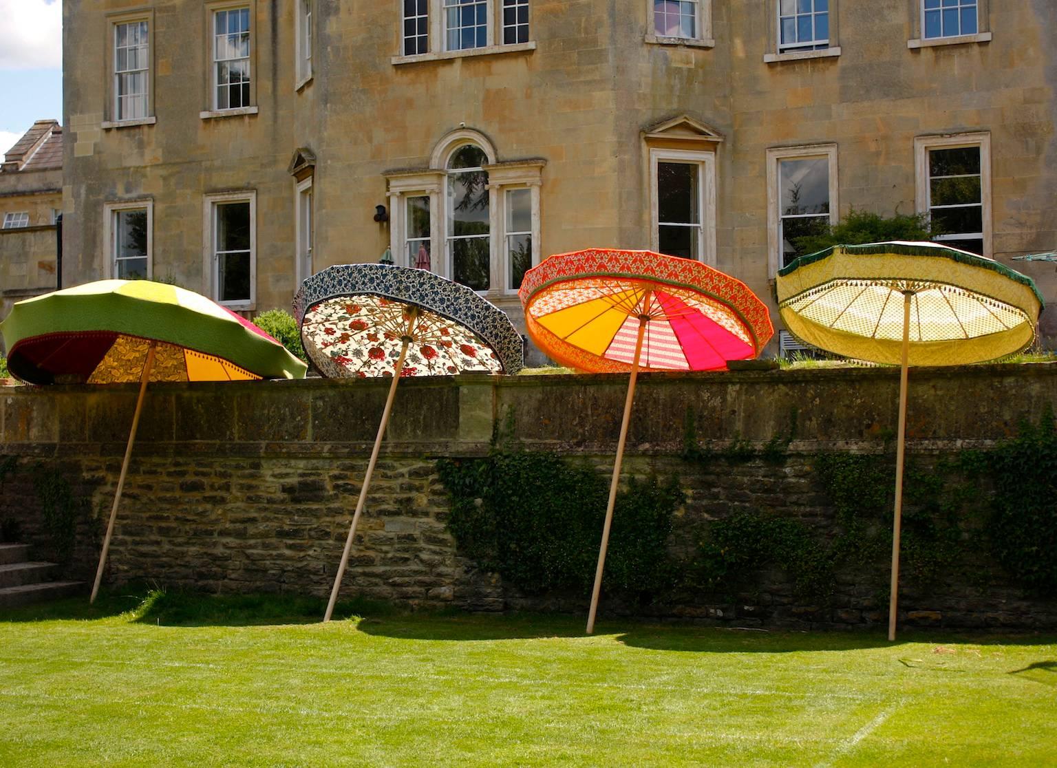 Designer Sun Umbrella Patio Parasol in Floral Geometric Vintage Fabrics Maximal In New Condition In Penzance, Cornwall