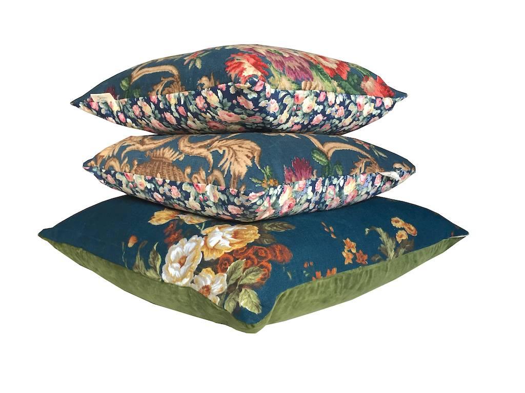 A one-off cushion collection in heritage fabrics, combining a royal blue floral linen textile, mossy green velvet and vintage floral cottons; curated and made by the Cornish design duo Charlie and Katy Napier, creators of Sunbeam Jackie. The fabrics