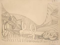 Pablo Picasso Bacchanale I. Crayon on Zinc Lithograph on Arches Paper, 1959