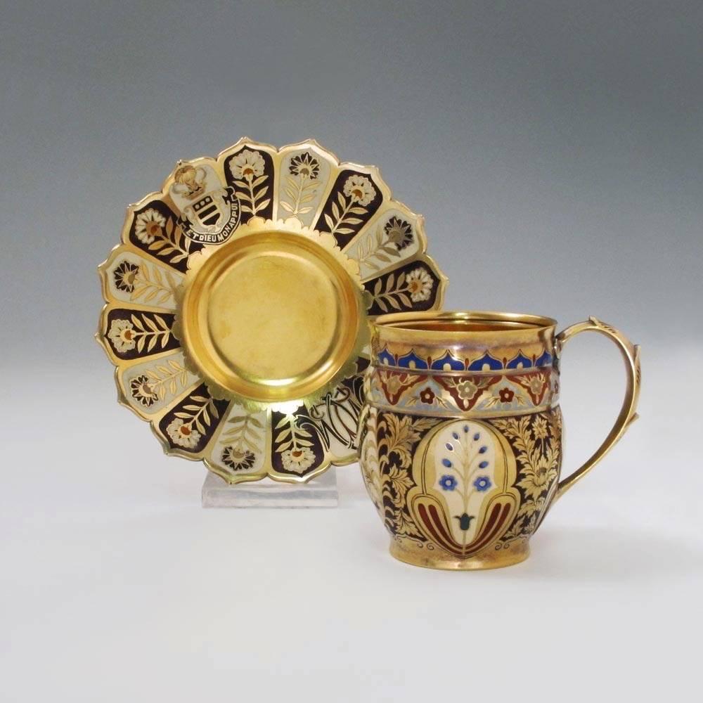 Probably the most aesthetically satisfying part of the famous Mackay service, these cups were almost certainly designed by Tiffany’s great director of design Edward C. Moore. Moore was a collector of near-Eastern and Japanese art, and the influence
