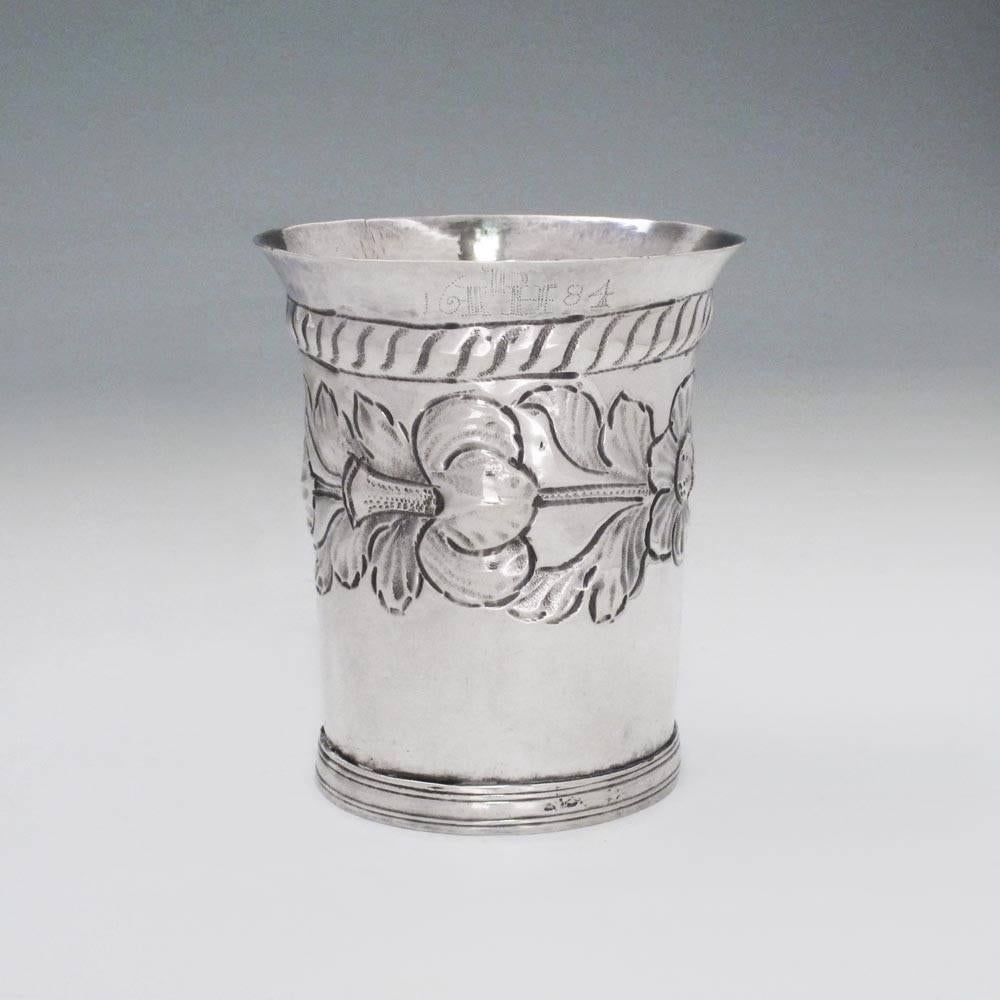 London, 1683 by AR

A nice little early English drinking vessel, with typical floral and rope chasing. In fine condition overall.

Pinprick engraving to the rim reads 'DFH 1684', and the base is later engraved 'E L Pope to J S D Garrett nee Pope