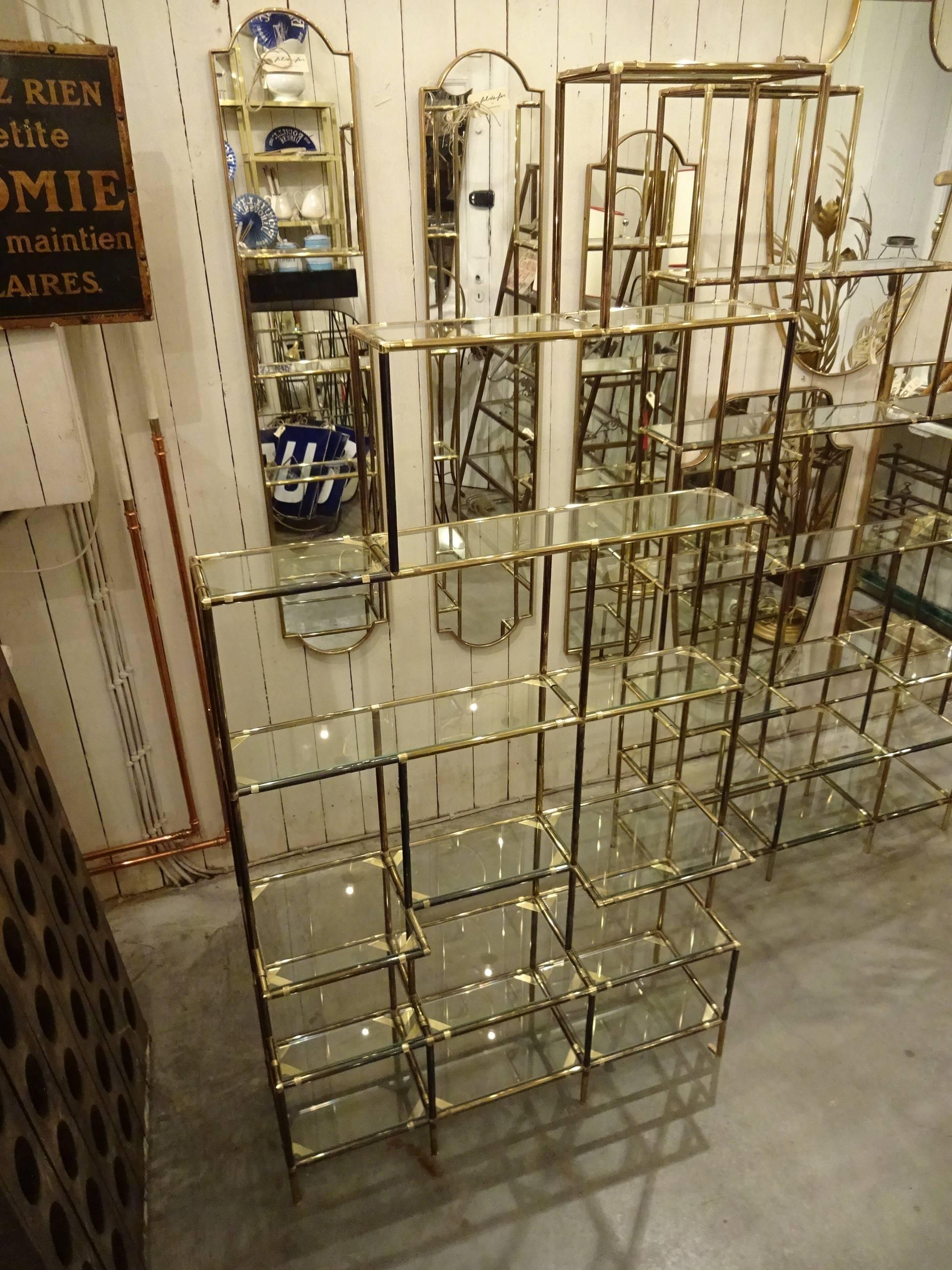 Mid-Century Modern Pair of Italian Brass and Glass Shelving Units