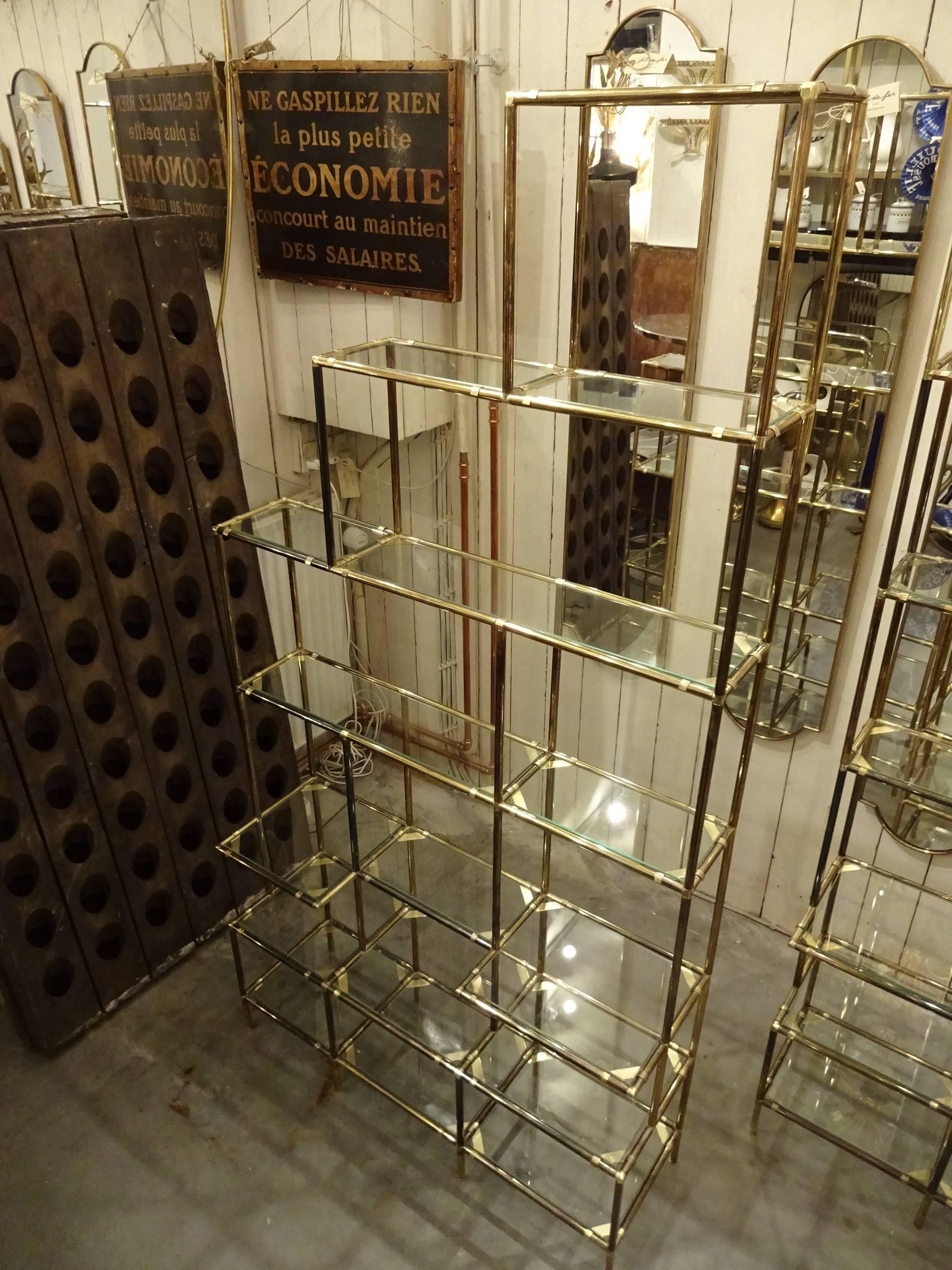 Pair of Italian Brass and Glass Shelving Units 1