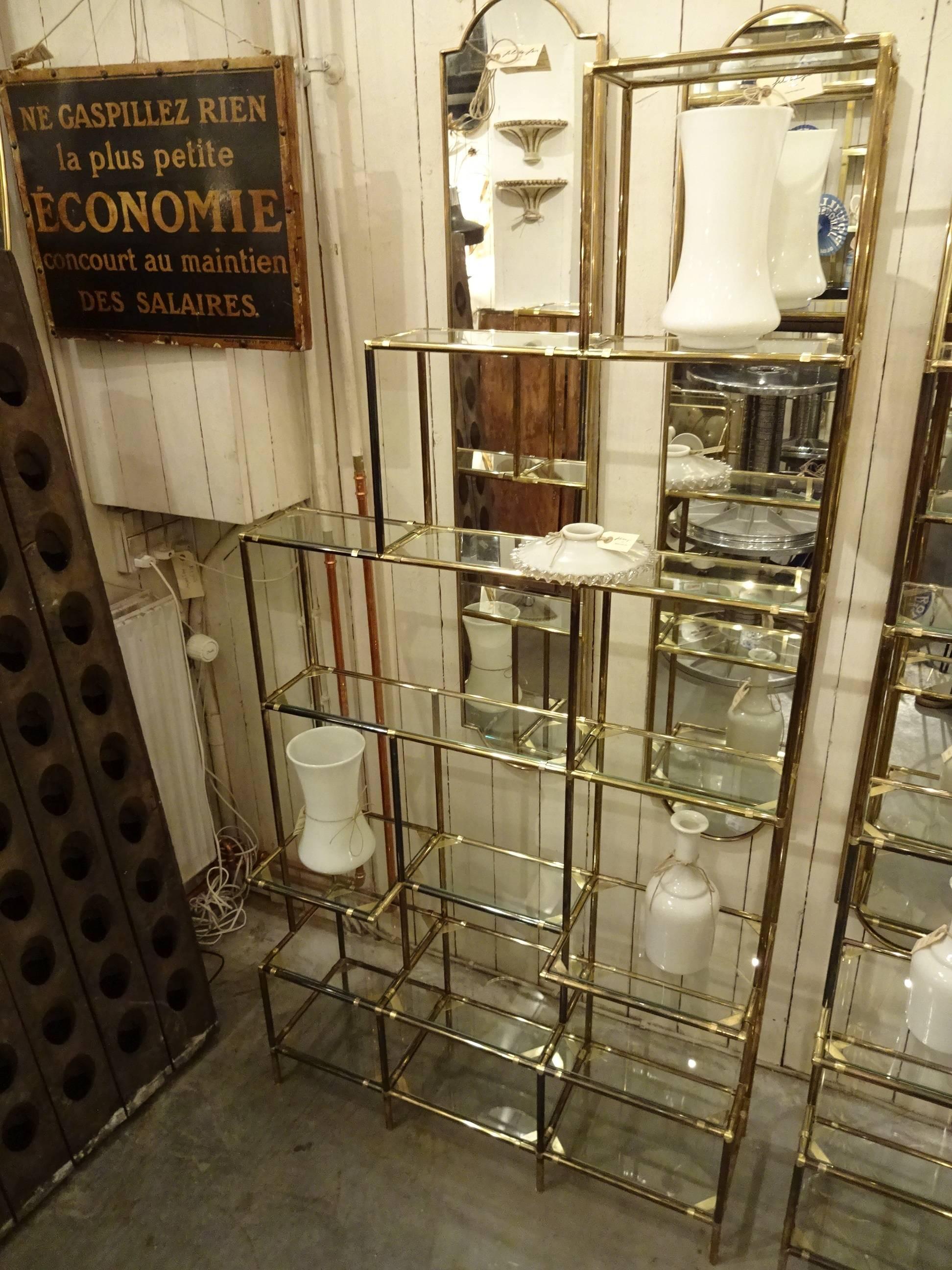 Pair of Italian Brass and Glass Shelving Units 2