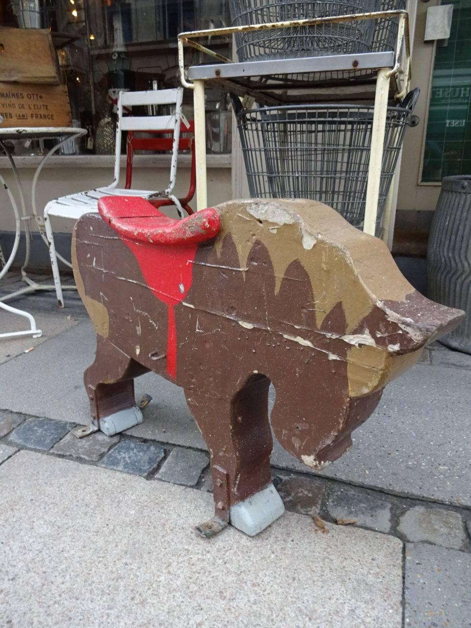 Charming and lovely wooden brown pony, from a French children’s carousel / merry-go-round. Originally this horse was from a traveling fun fair, based close to Provence in the South of France. Red saddle.

Dating from circa 1920s, with super patina.