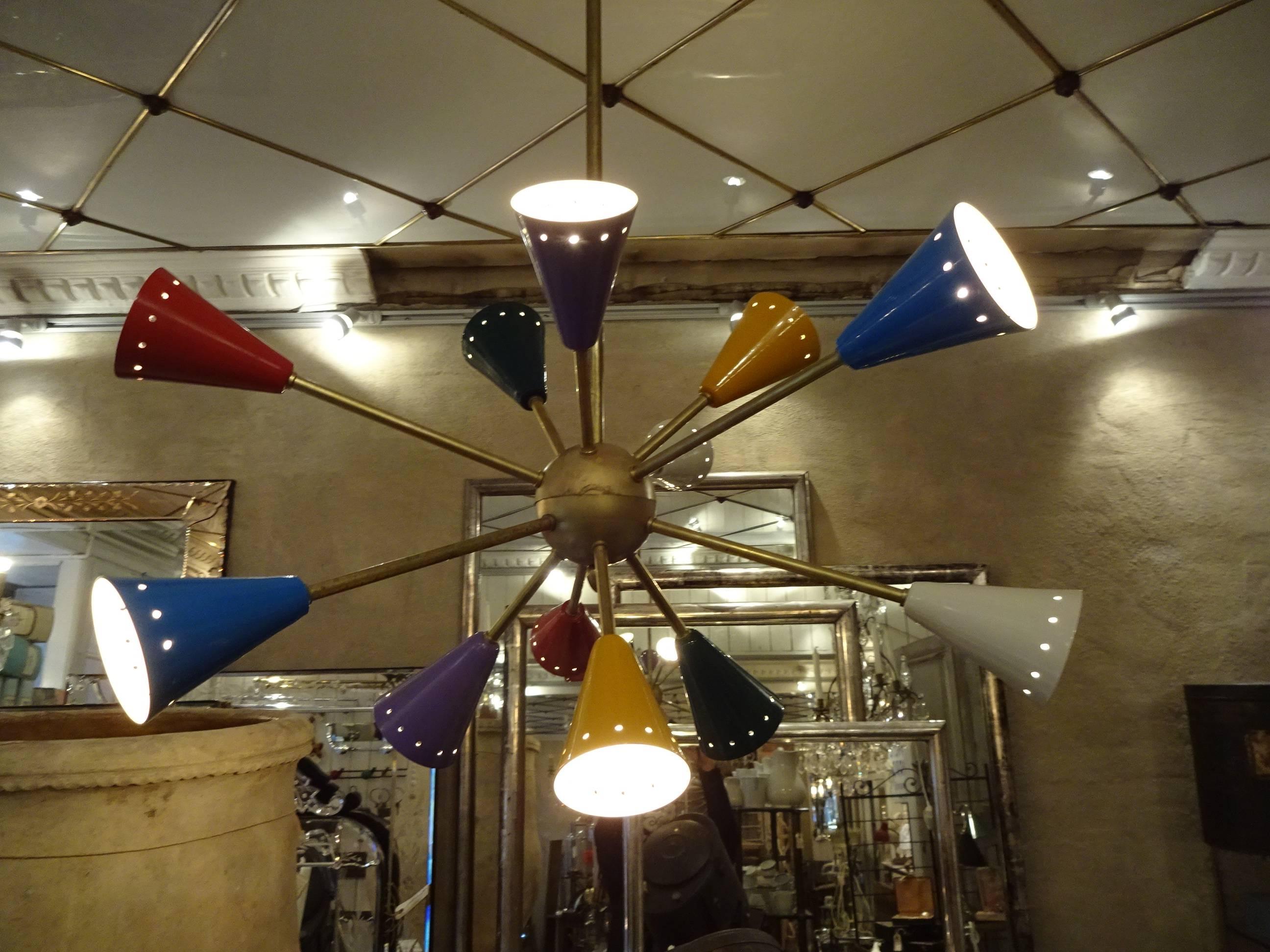 Very cool old Italian 1950s Stilnovo Sputnik brass lamp with ten metal shades in blue, purple, white, yellow, red and green.