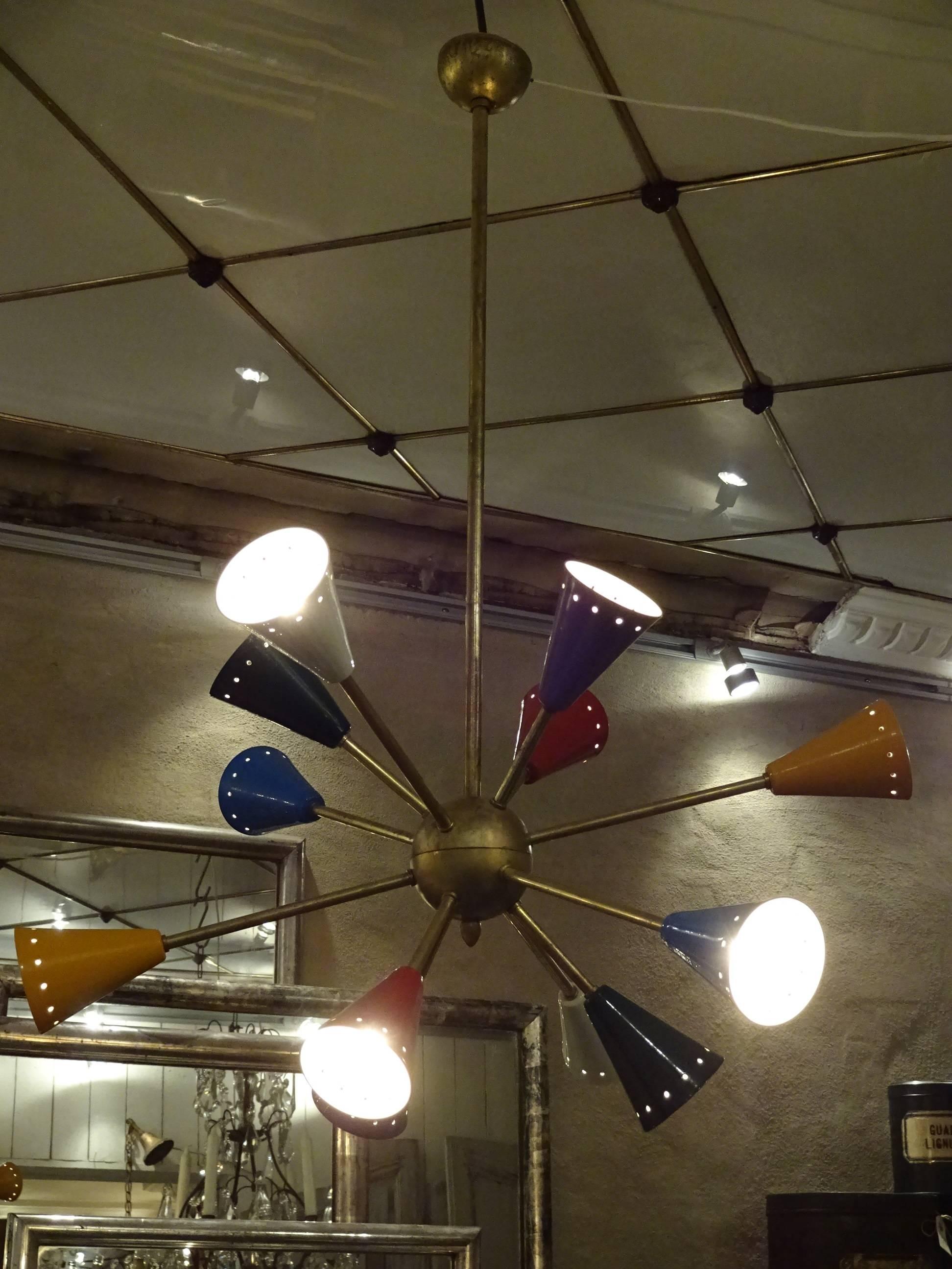 Very cool old Italian 1950s Stilnovo Sputnik brass lamp with metal shades in blue, purple, white, yellow, red and green.
