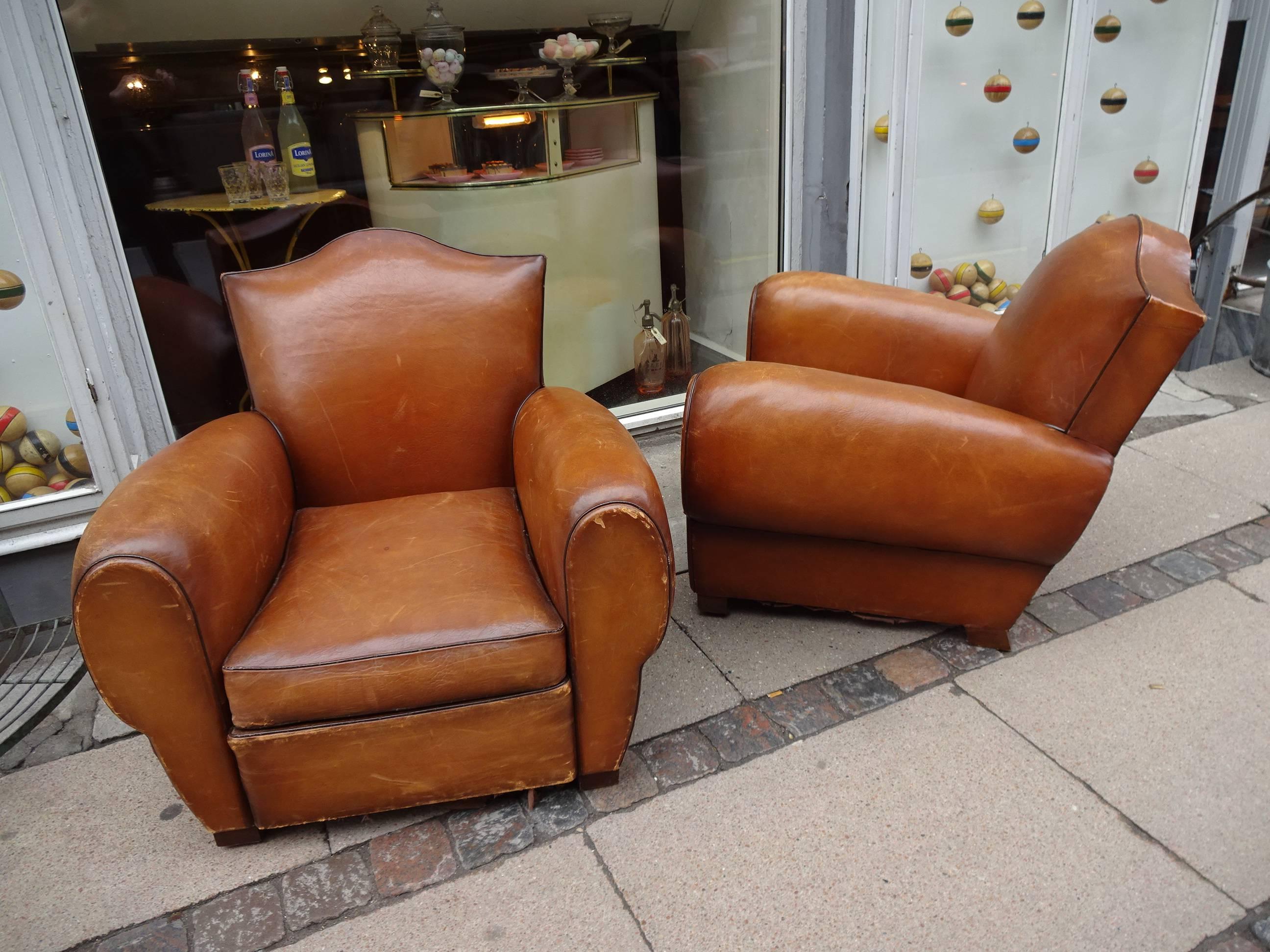 French Early 20th Century Leather Club Chairs