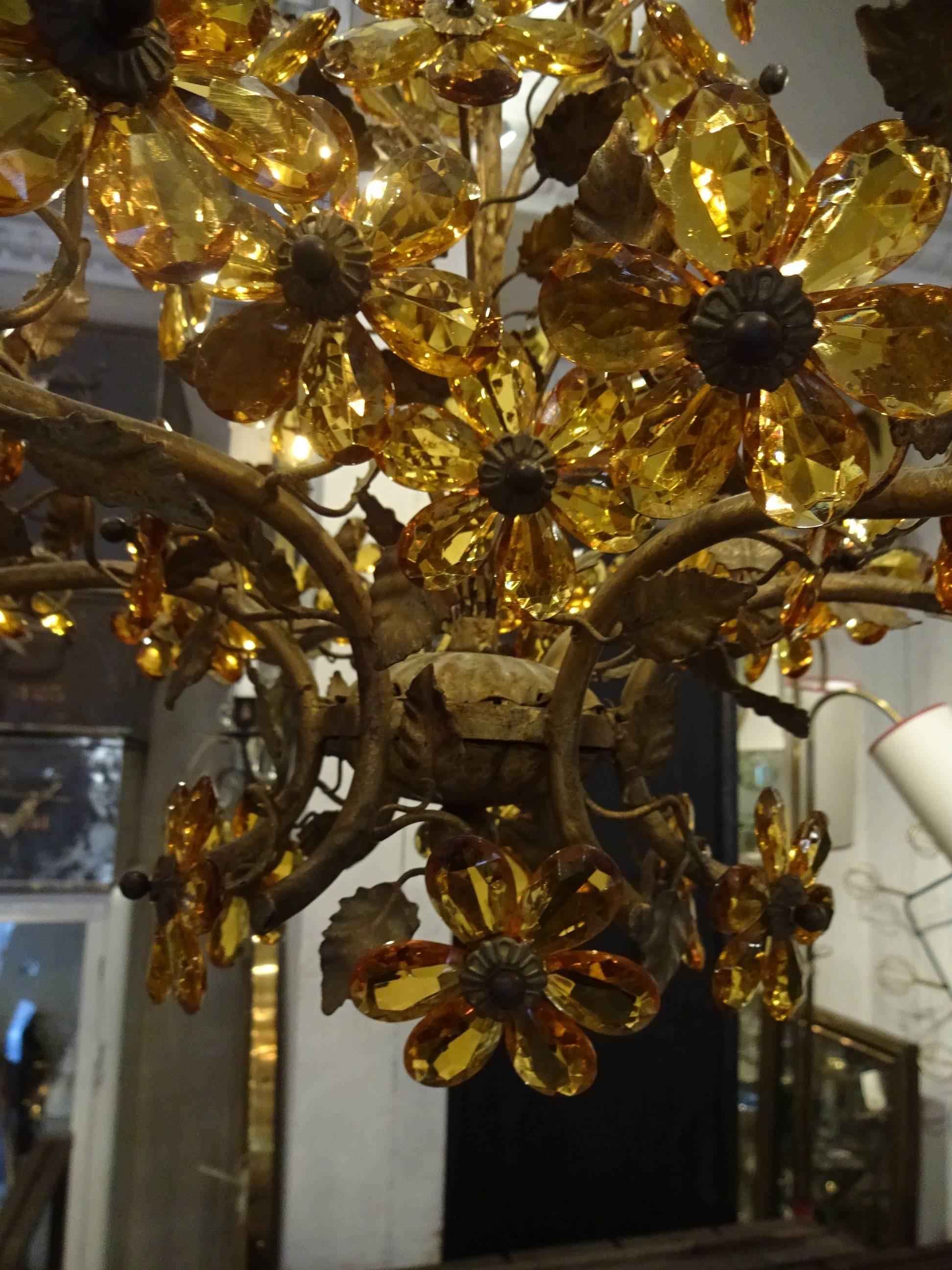 French Mid-20th Century Amber Colored Crystal Chandelier