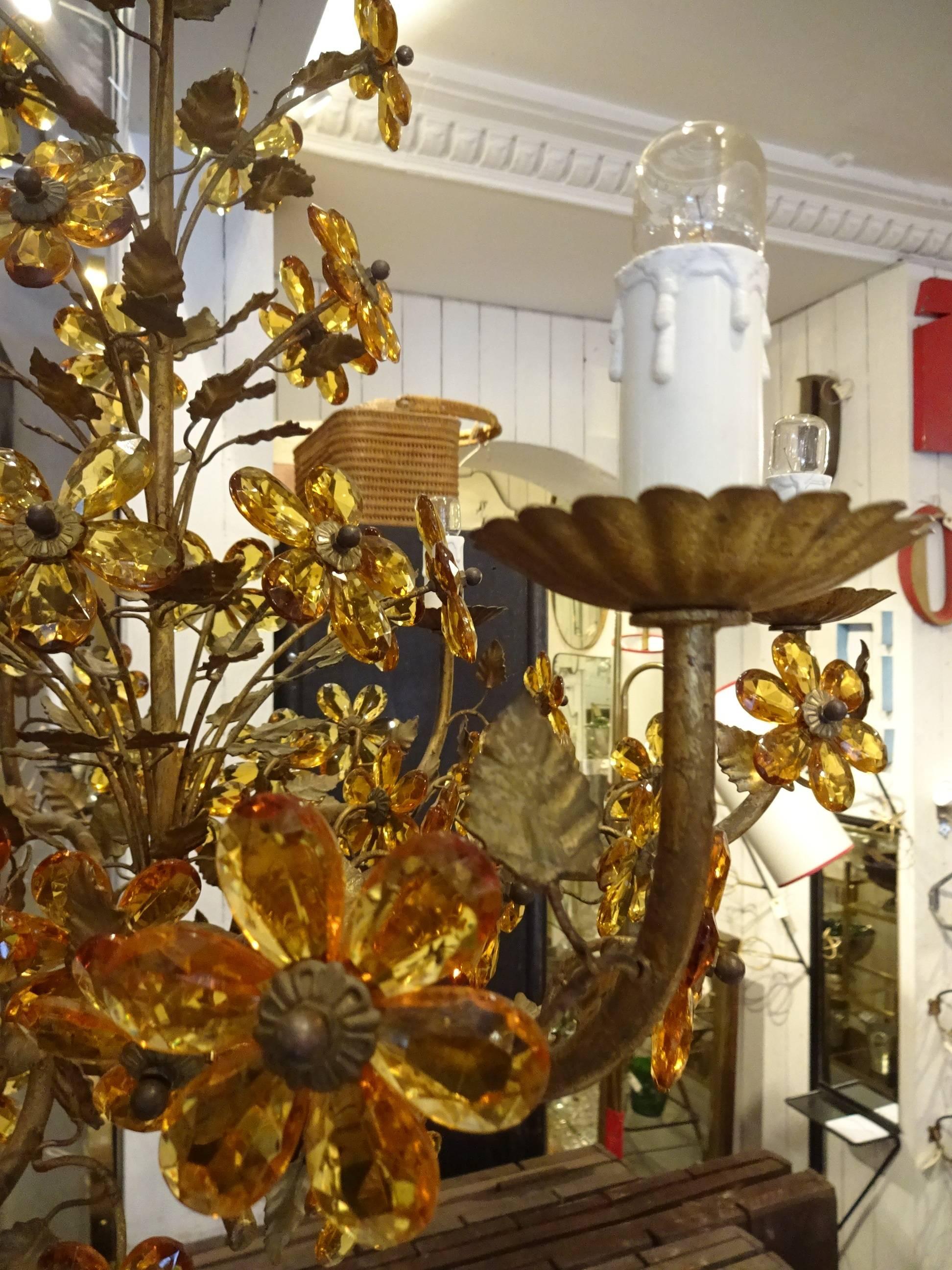 Brass Mid-20th Century Amber Colored Crystal Chandelier