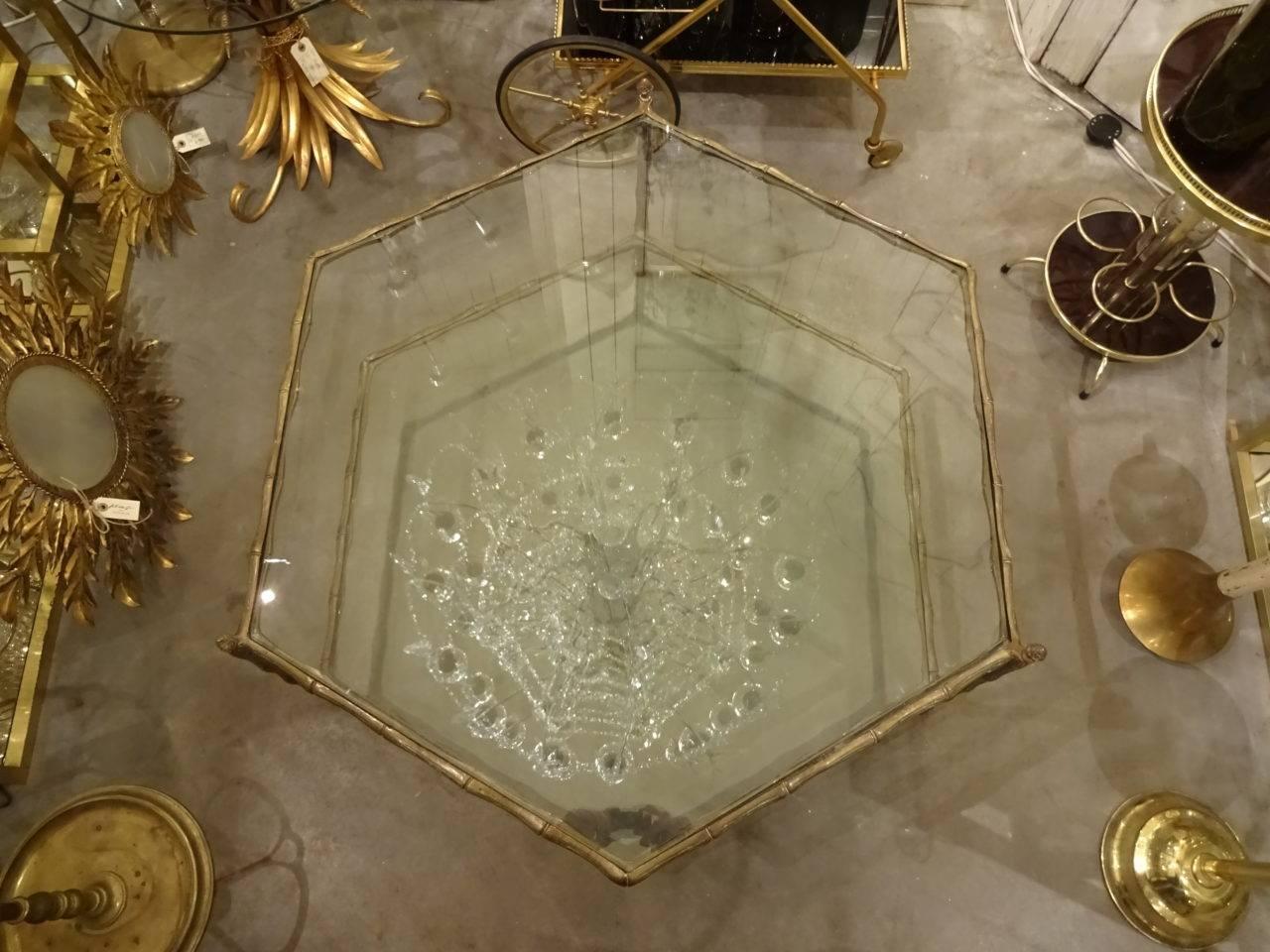 Mid-20th Century Six-Sided Brass and Glass Coffee Table