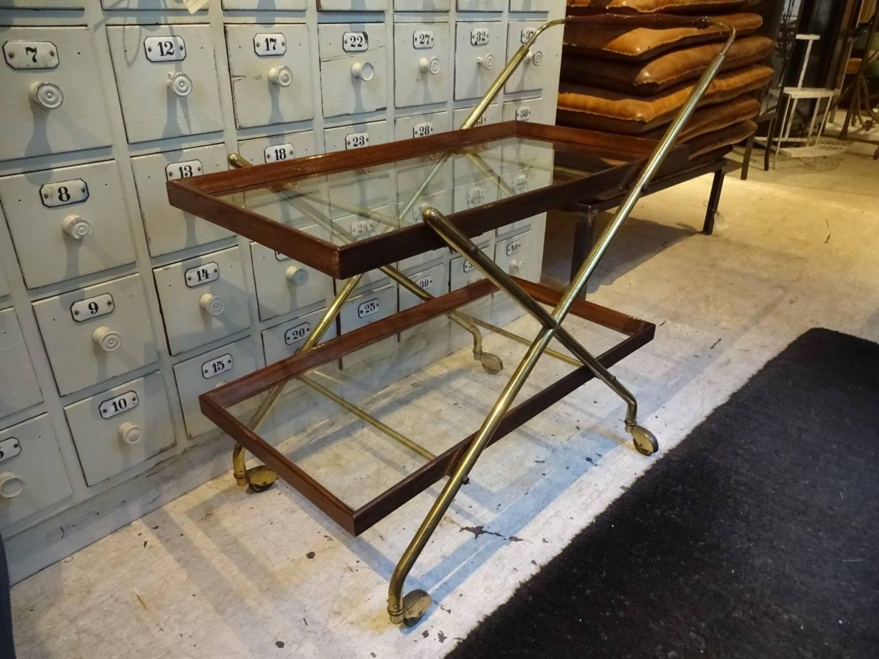 French Retro Brass and Wood and Glass Serving Trolley