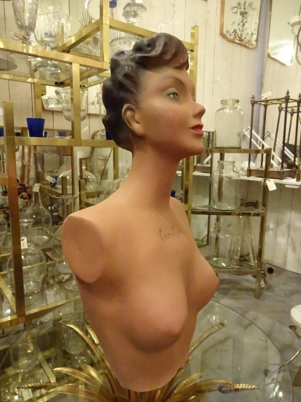 Elegant vintage bust / shop dummy from the glamour of 1920-30s’ France. Originally used to display wares in a former department store on Paris’ famous main street Avenue des Champs-Élysées.  Made of plaster, then painted over, with very lifelike and