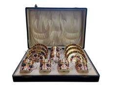 Antique Imari Royal Crown Derby 1128 Set of Six Cups and Saucers with Box