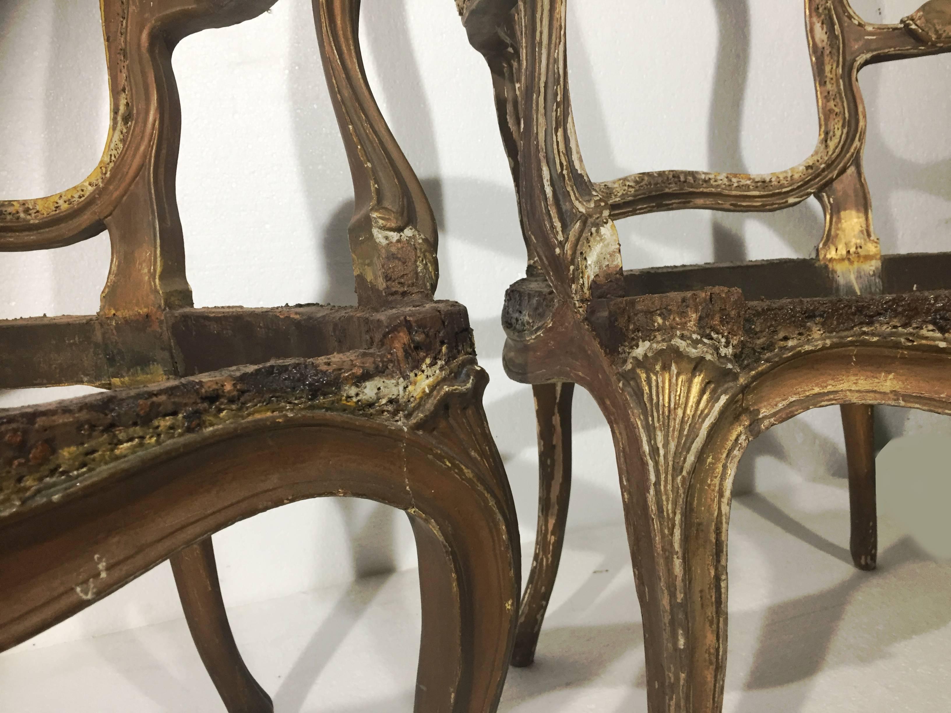 Pair of 18th Century Louis XV Period Fauteuil Armchairs for Restoration In Distressed Condition For Sale In Glencarse, GB