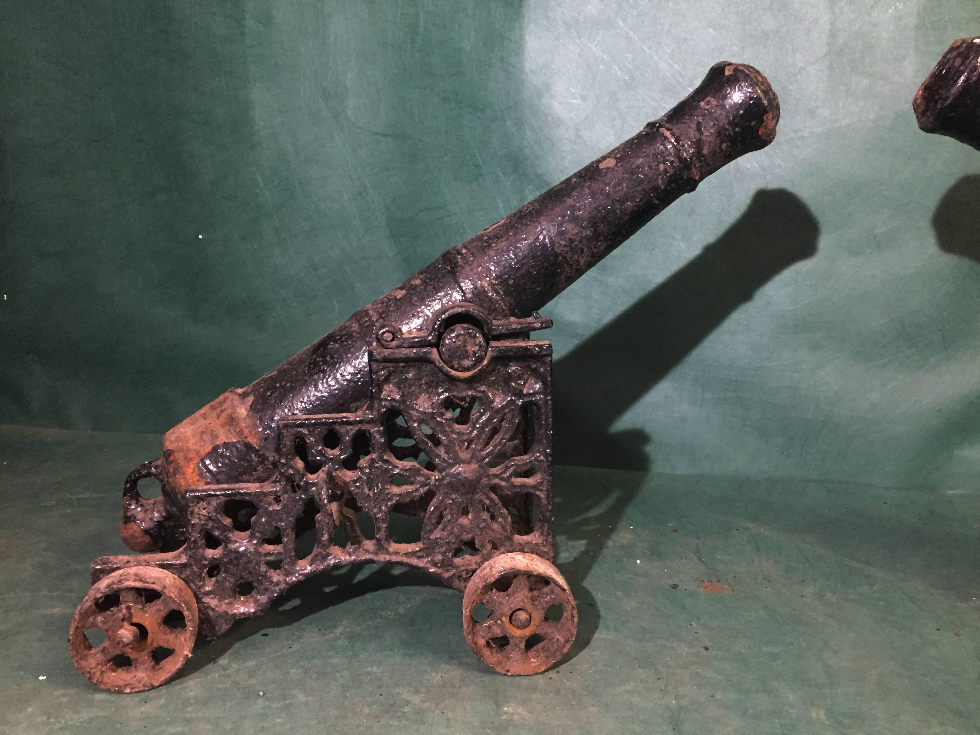 This listing is for one cannon only.

 In good condition subject to use and wear. 

Measurements:
width across carriage wheels: 14 inches
length of barrel: 36 inches
height of cannon from ground when fully elevated: 27 inches.
 