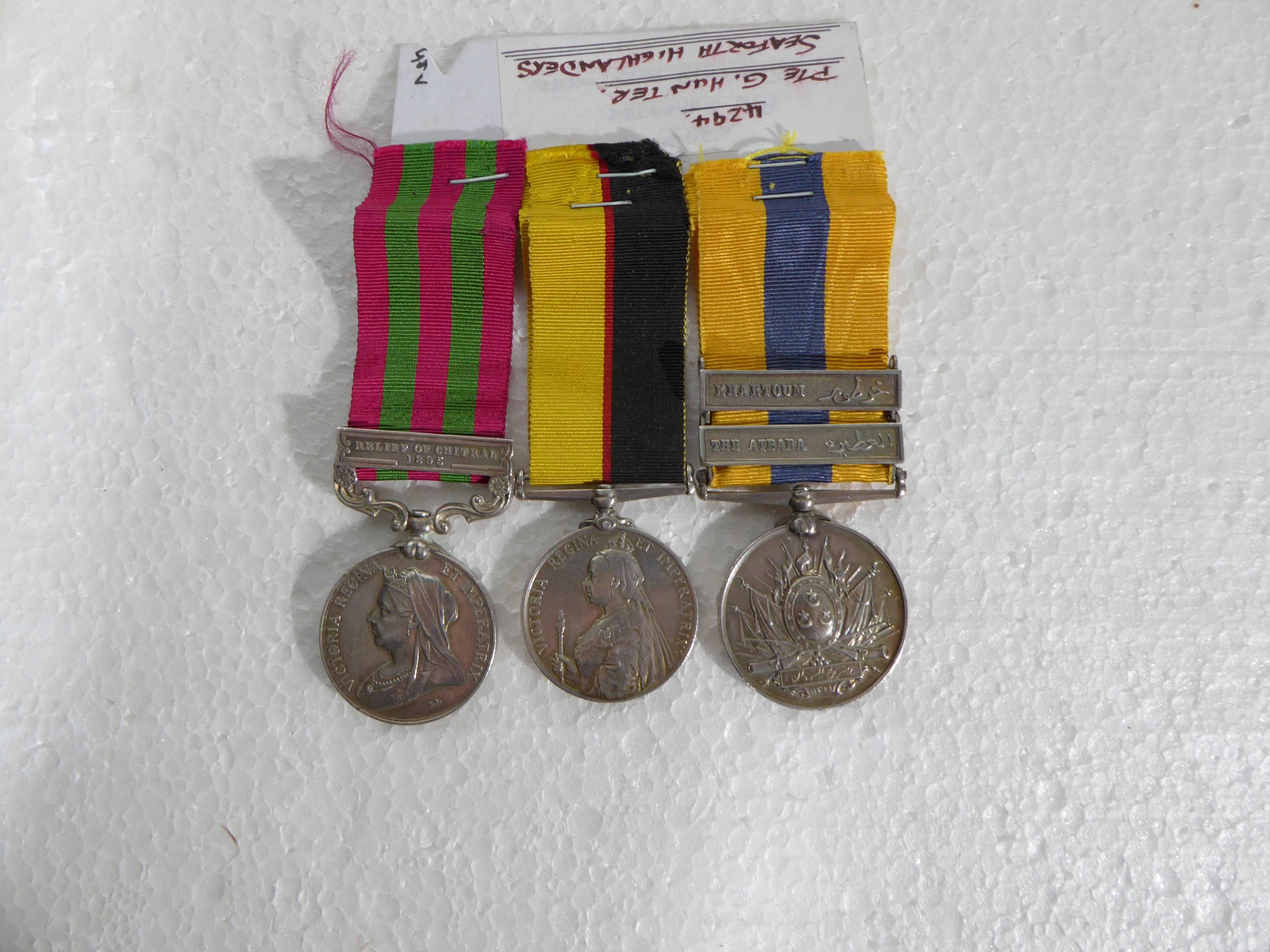Three medals, all to the same man 4294 Pte. G Hunter Seaforth Highlanders, comprising India General Service Medal with bar 'Relief of Chitral', Atbara, Khedives Sudan Medal with bars 'The Atbara' and 'Khartoum' (Khartoum bar indicates that Pte.