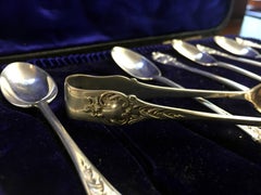 Antique Set of 12 Sterling Silver Teaspoons and Sugar Tongs, circa 1905