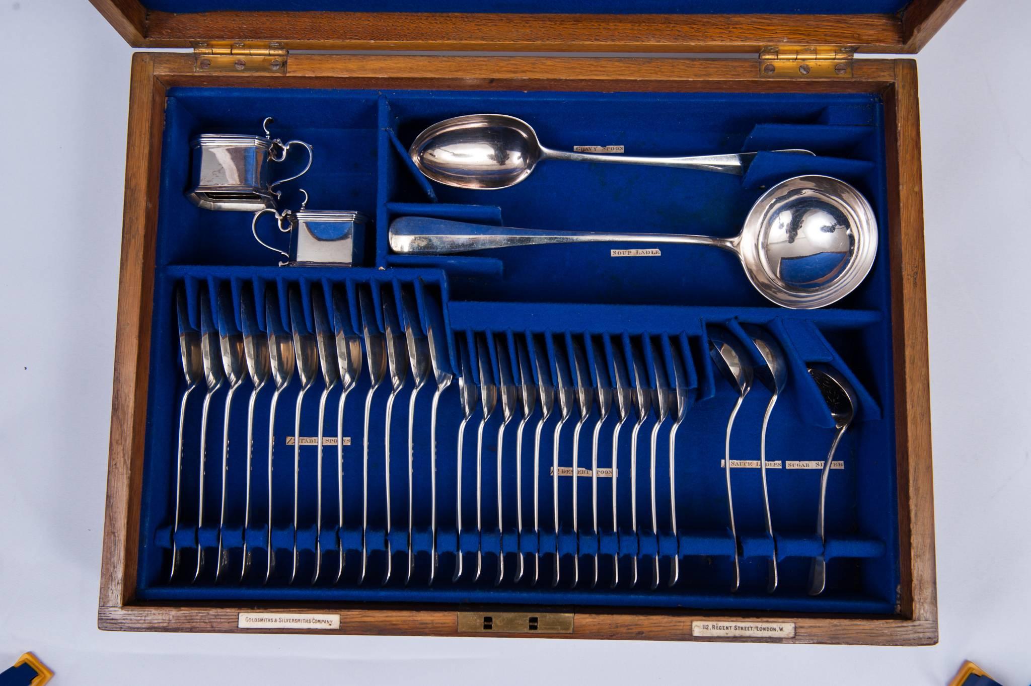 British Victorian Silver 117 piece Rattail pattern Canteen of Cutlery, London, 1890 For Sale