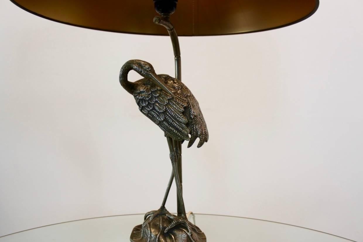 Hollywood Regency Sculptural Iron Bronzed Heron Table Lamp by Maison Baguès