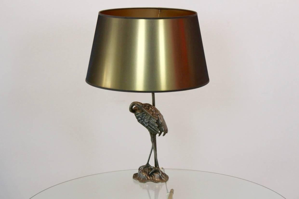 French Sculptural Iron Bronzed Heron Table Lamp by Maison Baguès