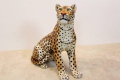 Large Hand-Painted Porcelain Leopard Sculpture by Ronzan, Italy, 1970s