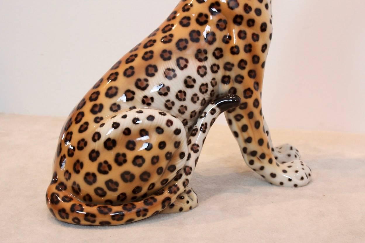 Large Hand-Painted Porcelain Leopard Sculpture by Ronzan, Italy, 1970s In Excellent Condition In Voorburg, NL