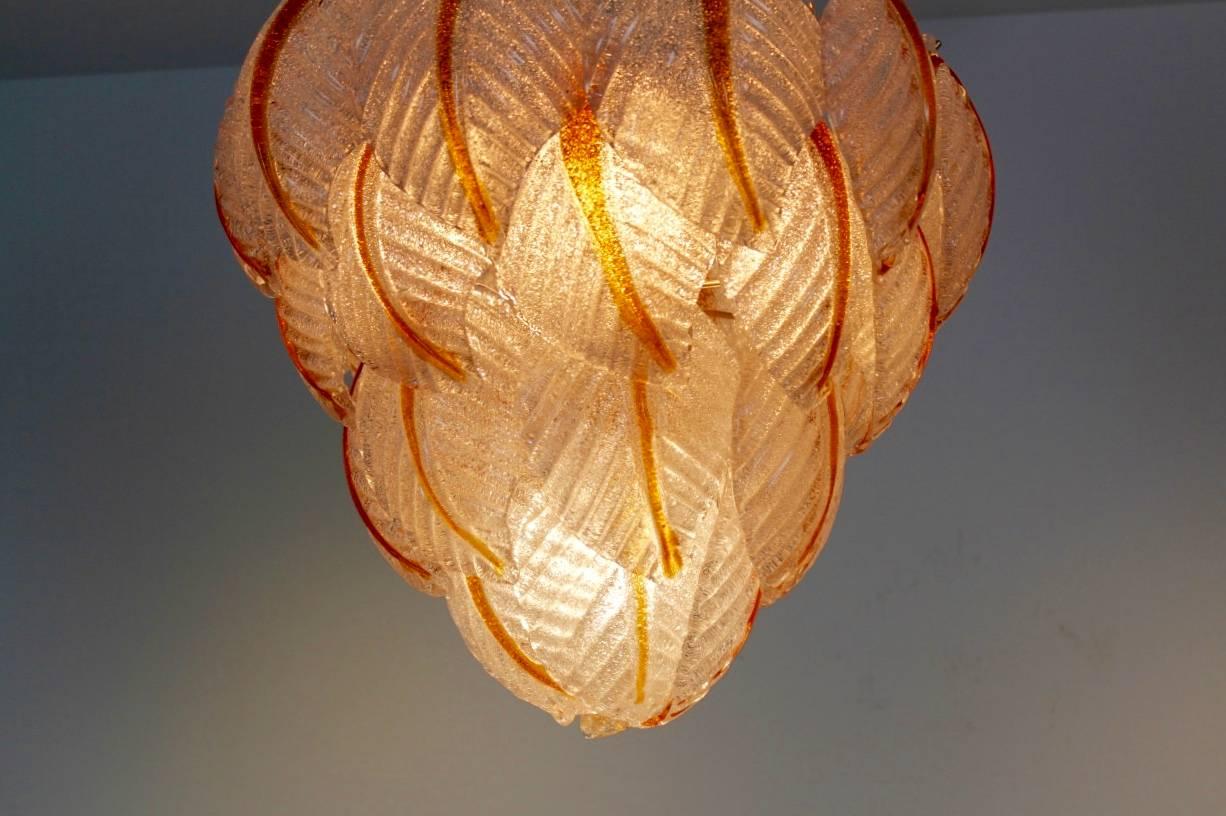 Brass Original Murano Glass Leaves Chandelier by A.V. Mazzega, Italy, 1970s