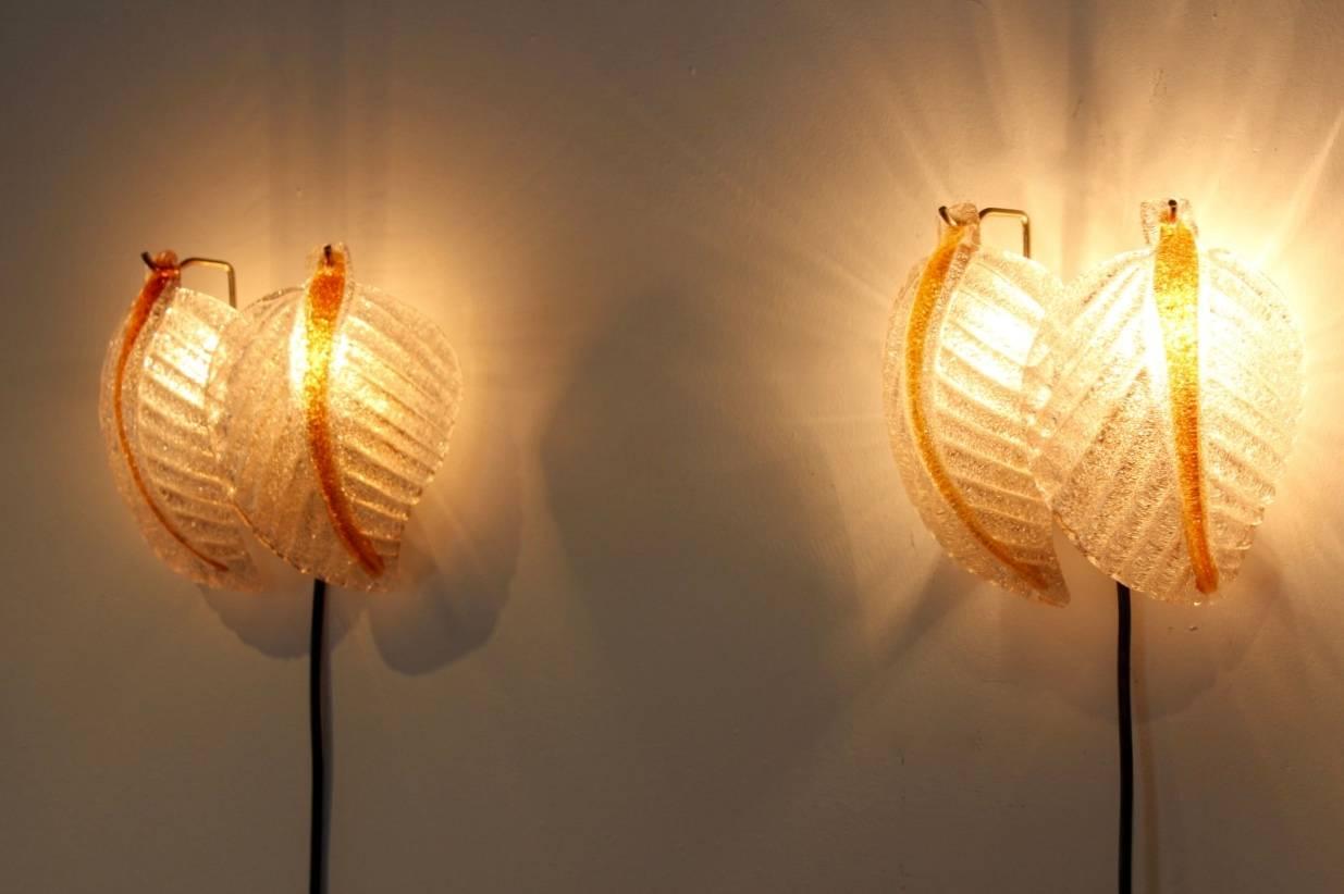 Belgian Original Set of Murano Glass Leaves Wall Lights by A.V. Mazzega, Italy, 1970s