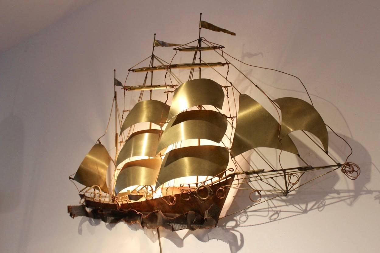 Daniel D’haeseleer Sailing Vessel Wall Light Sculpture in Solid Copper and Brass 1