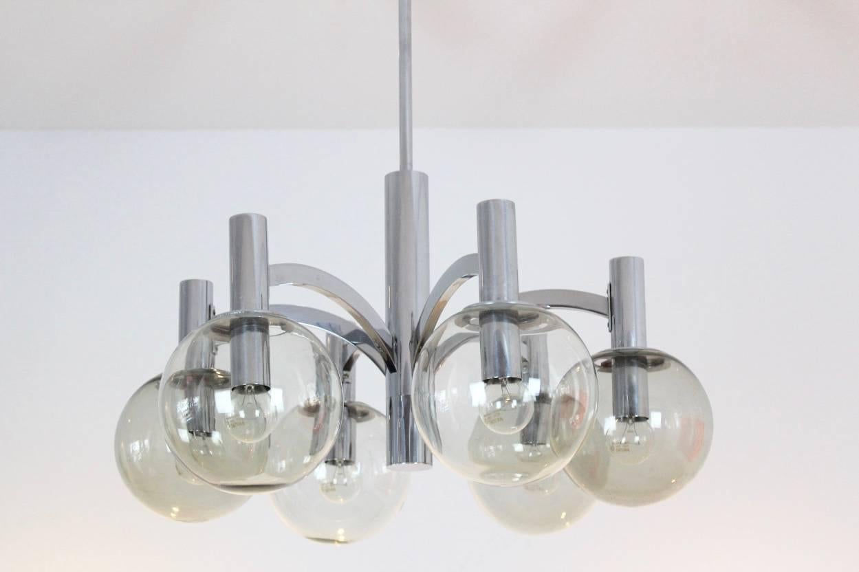 Mid-Century Modern Sophisticated Chrome and Glass Chandelier by Kaiser Leuchten, Germany