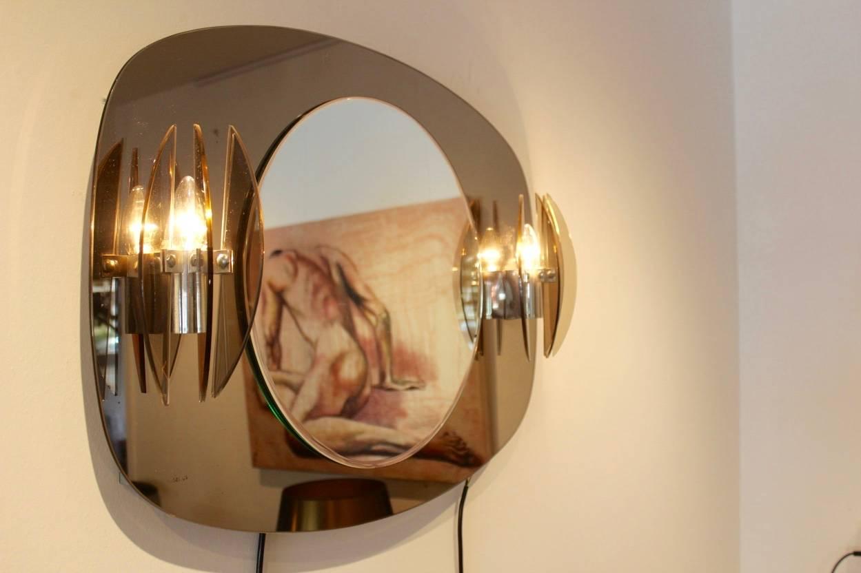 20th Century Veca Two-Toned Italian Glass Mirror with Glass Sconces