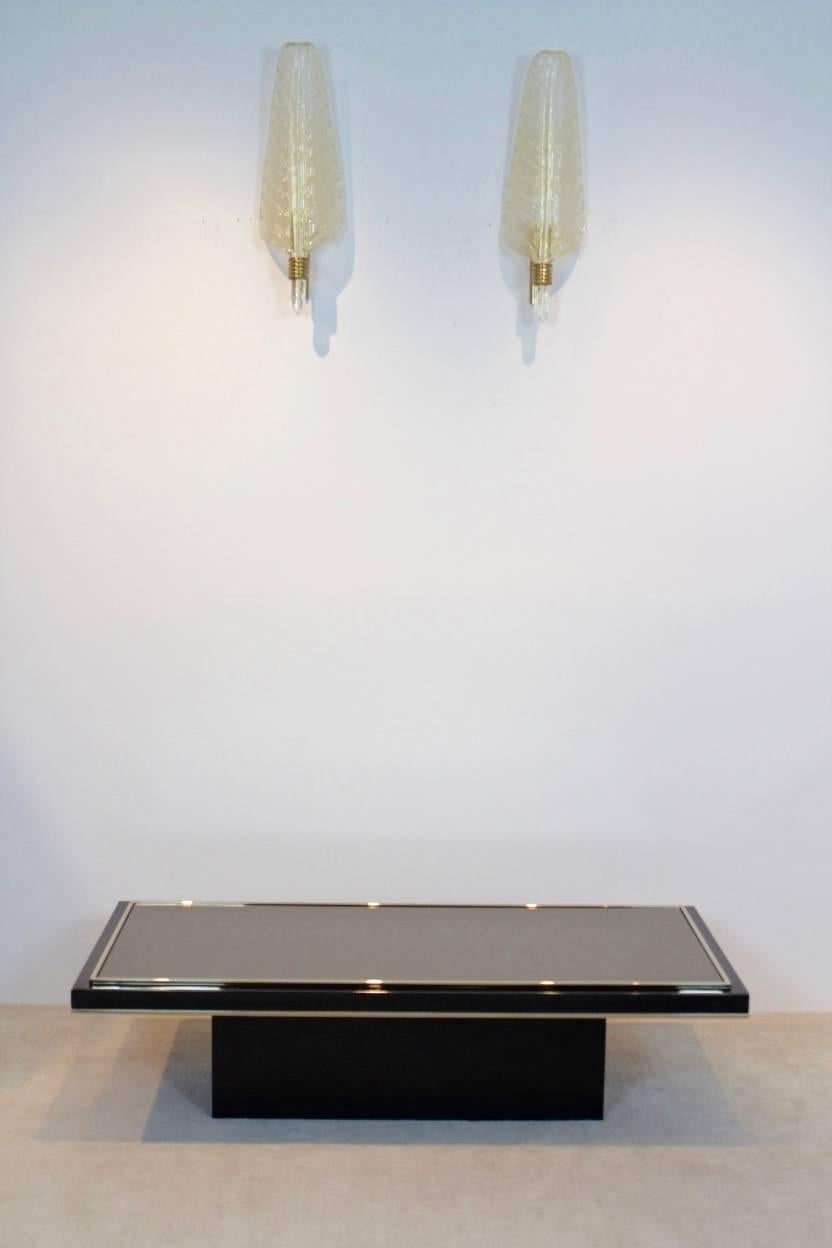 Hollywood Regency Roger Vanhevel Black and Brass Mirrored Glass Coffee Table