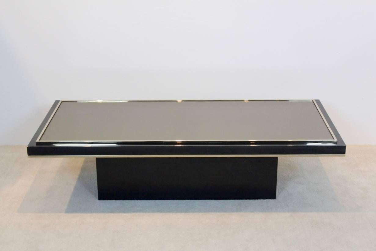 20th Century Roger Vanhevel Black and Brass Mirrored Glass Coffee Table