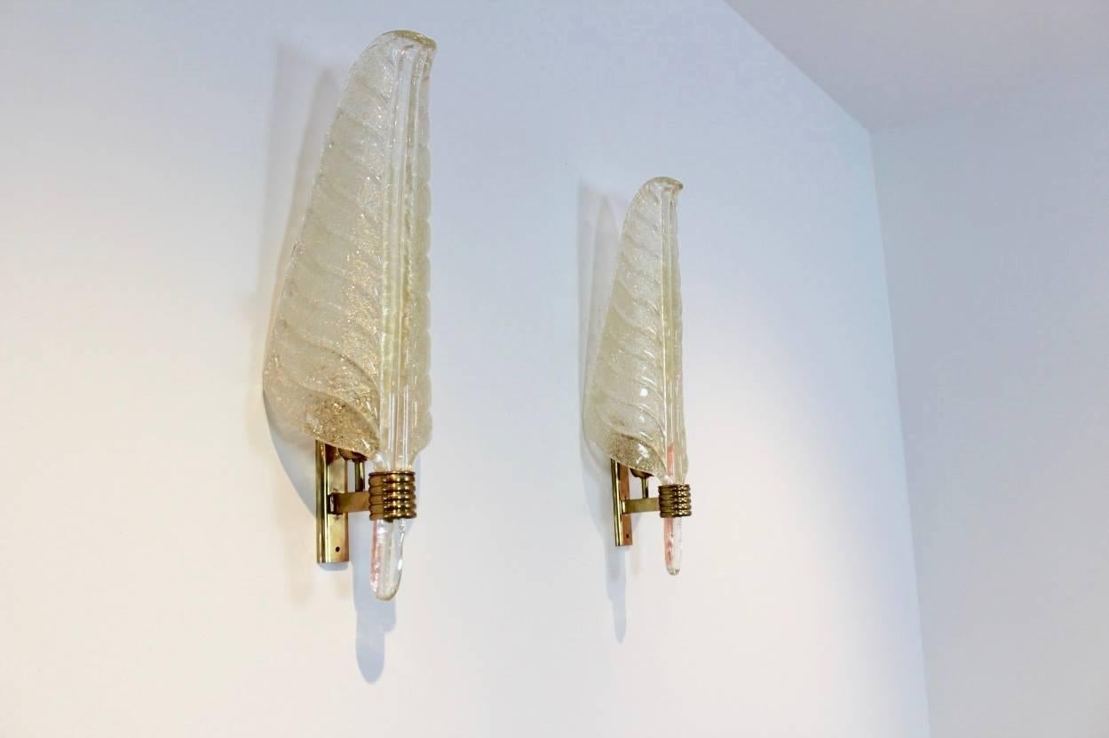 Glamorous Pair of XL Murano Gold Flaked Glass Leaf Sconces by Barovier & Toso 1