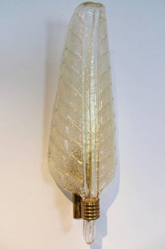 Glamorous Pair of XL Murano Gold Flaked Glass Leaf Sconces by Barovier & Toso